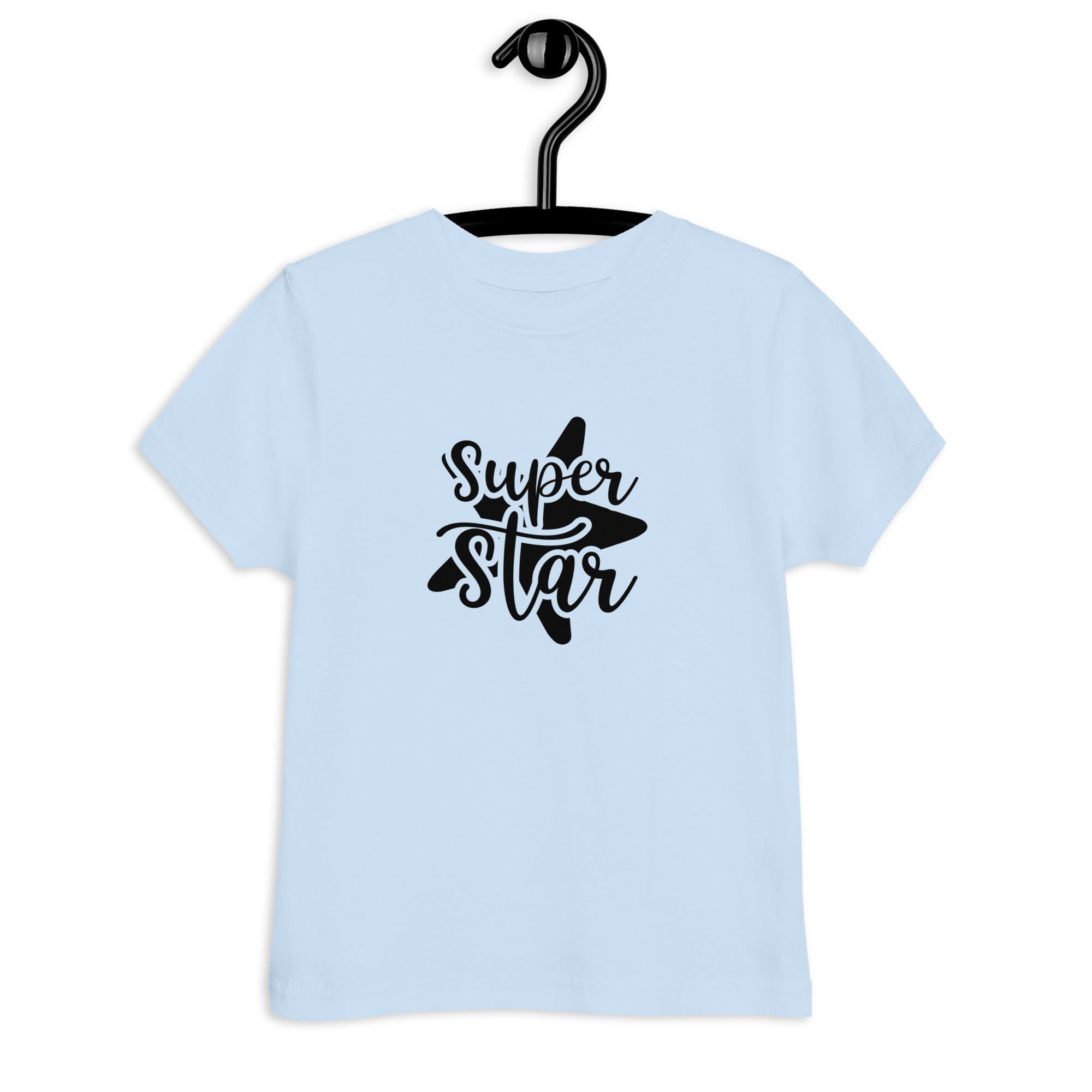 Light blue t-shirt with 'Super Star' text on a hanger against a white background