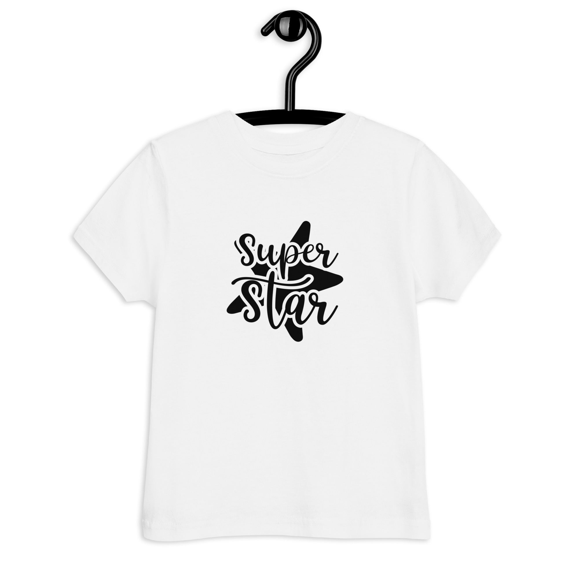 White t-shirt with 'Super Star' text on a hanger against a white background