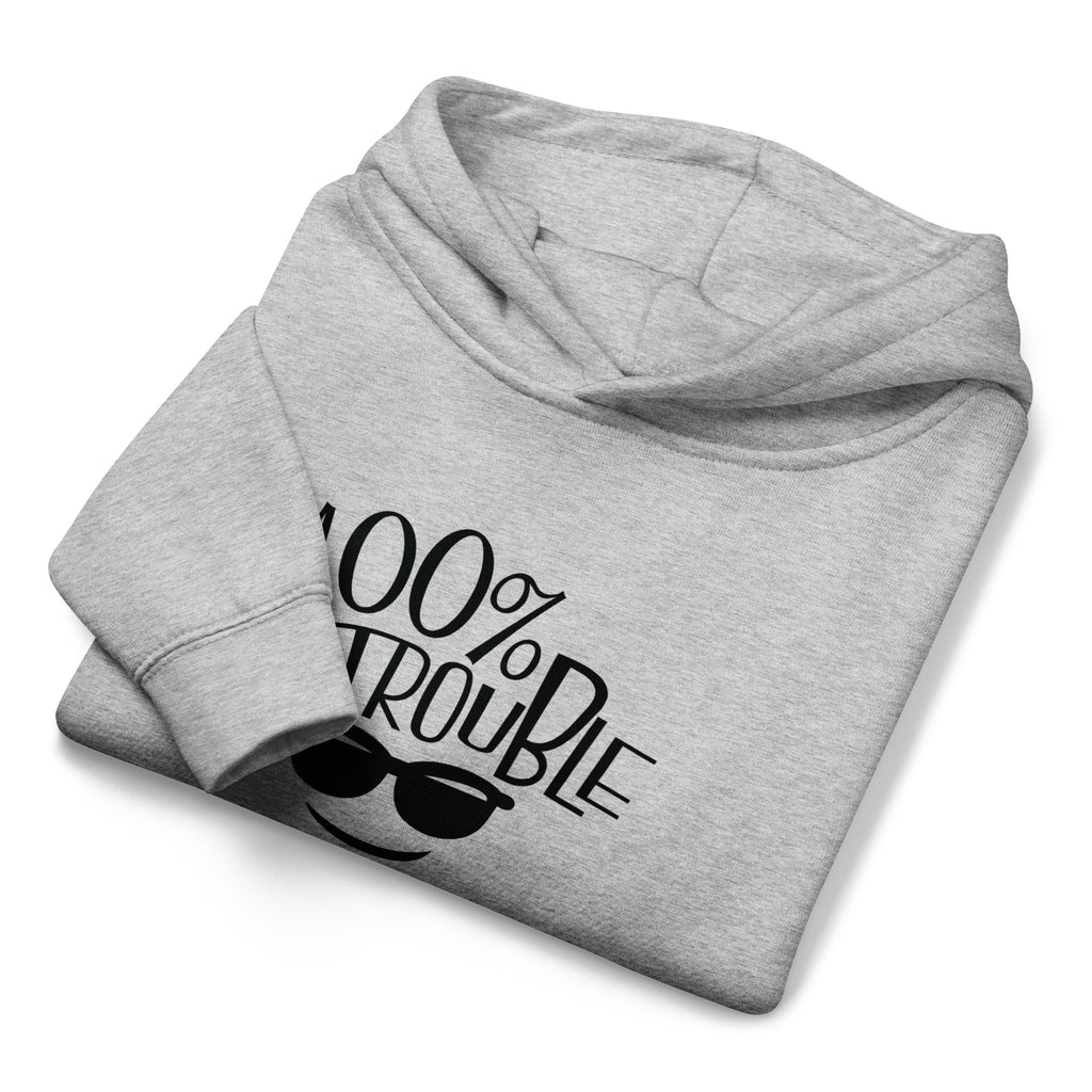 Folded gray hoodie with '100% Trouble' text and sunglasses graphic on a white background