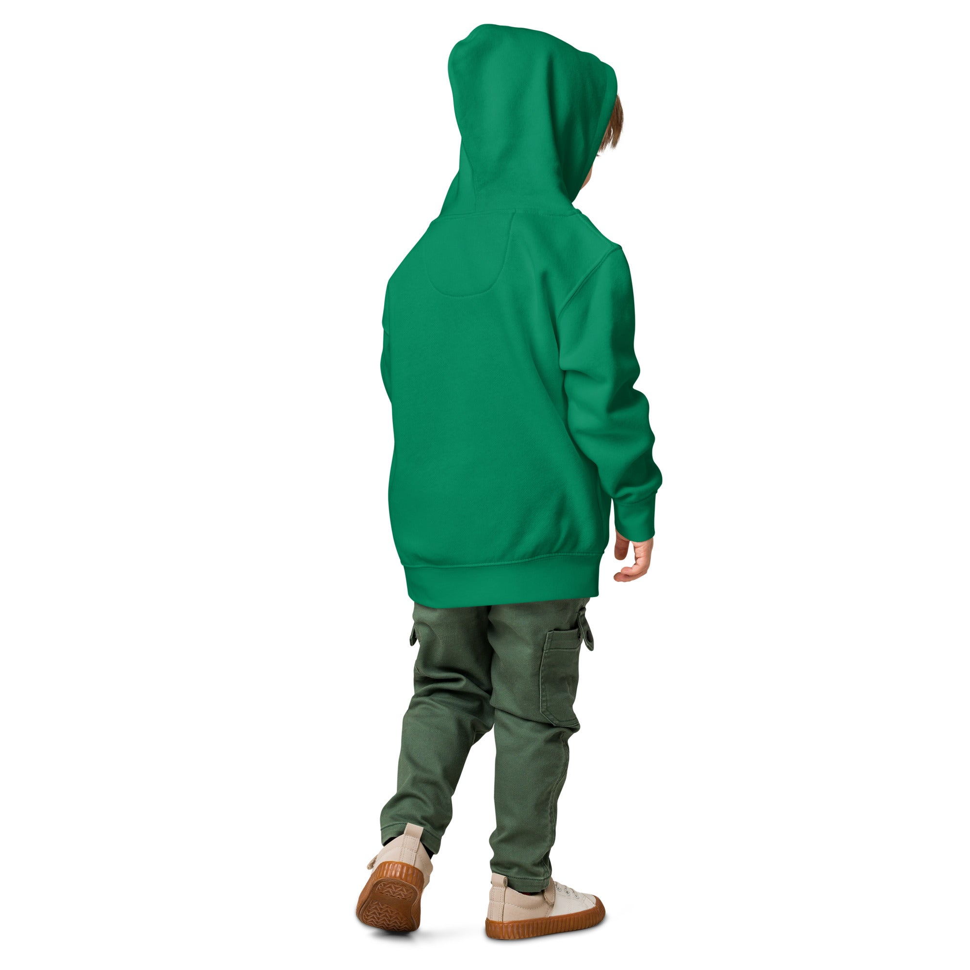 Person wearing a green hoodie and cargo pants on a white background