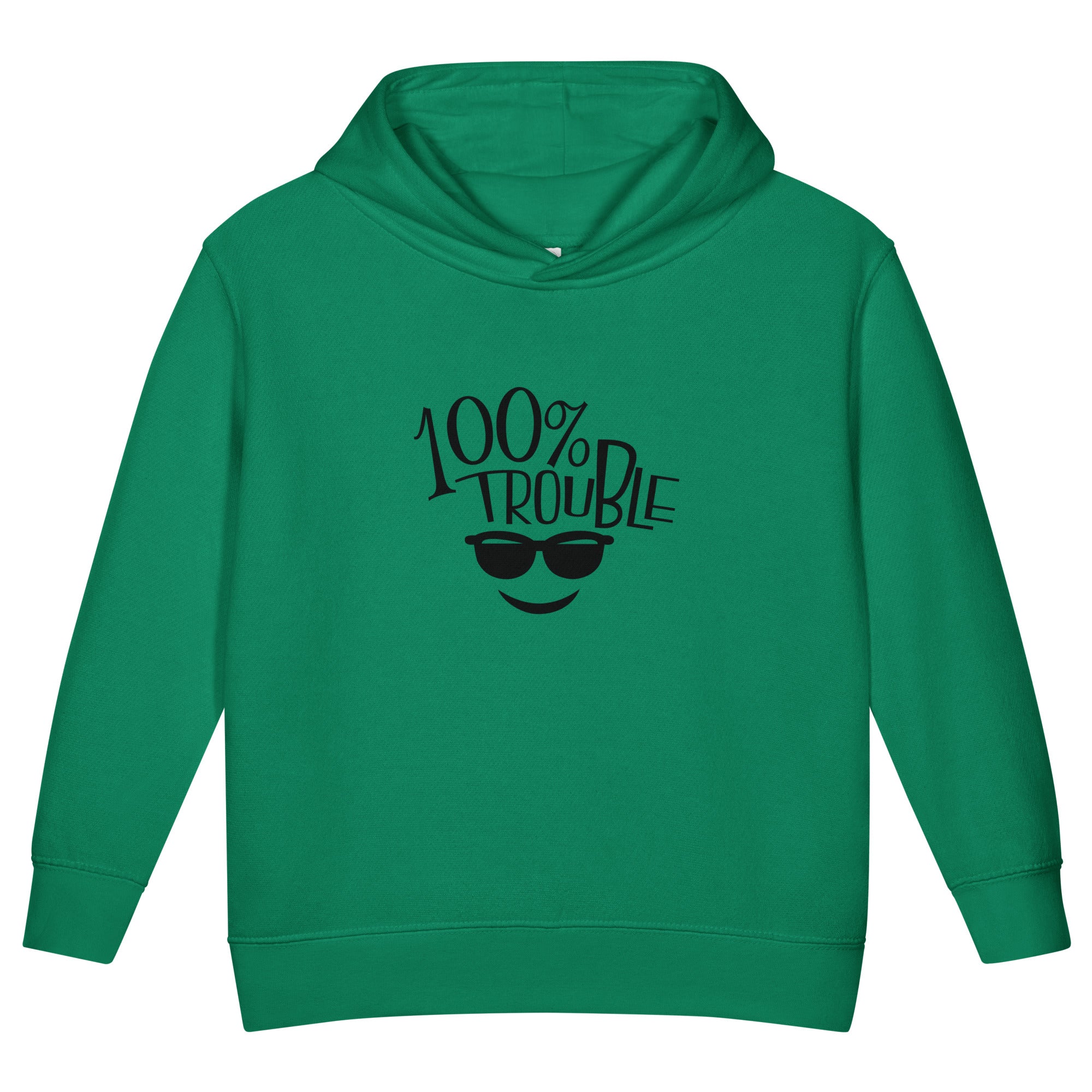 Green hoodie with '100% Trouble' text and sunglasses graphic on a white background