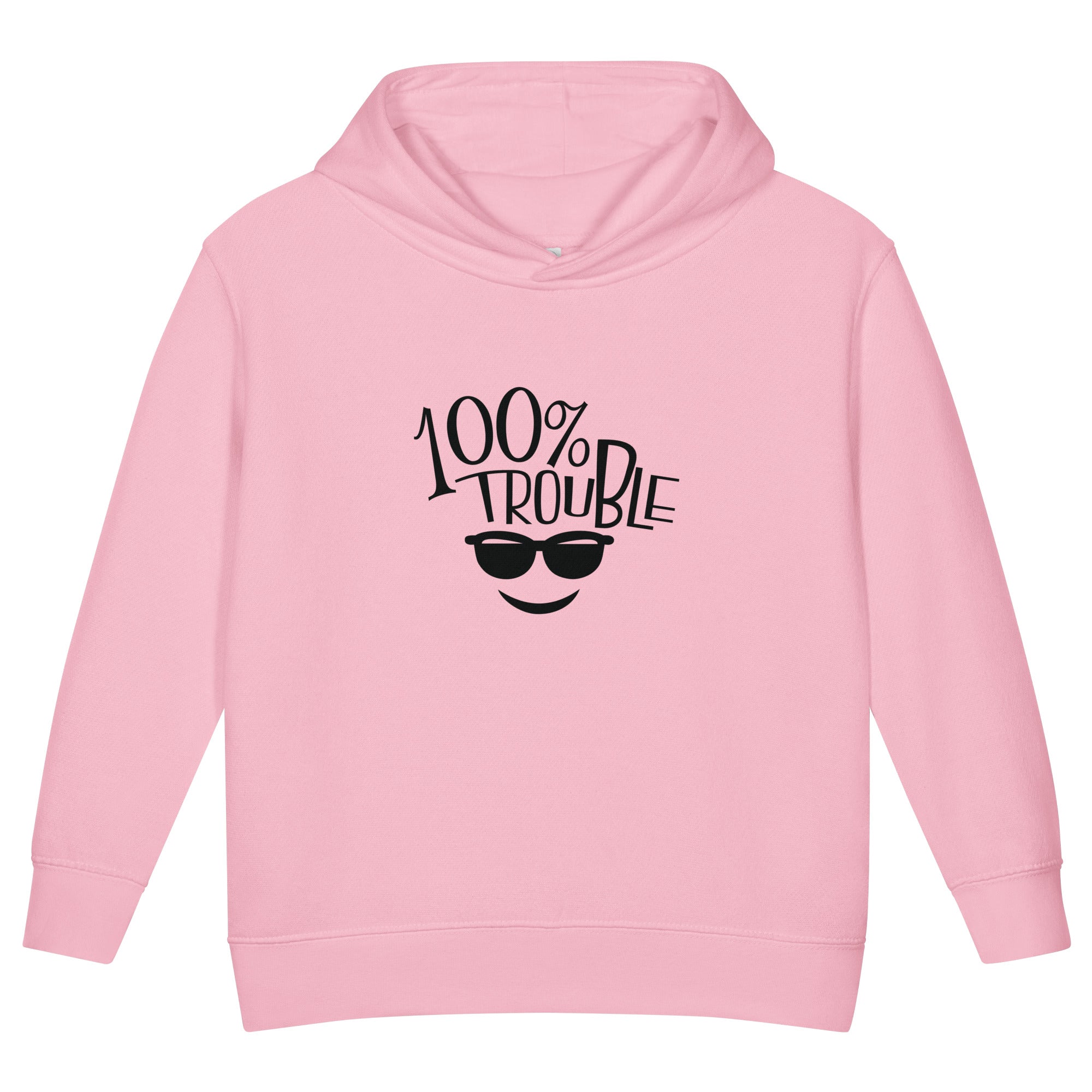 Pink hoodie with '100% Trouble' text and sunglasses graphic on a white background