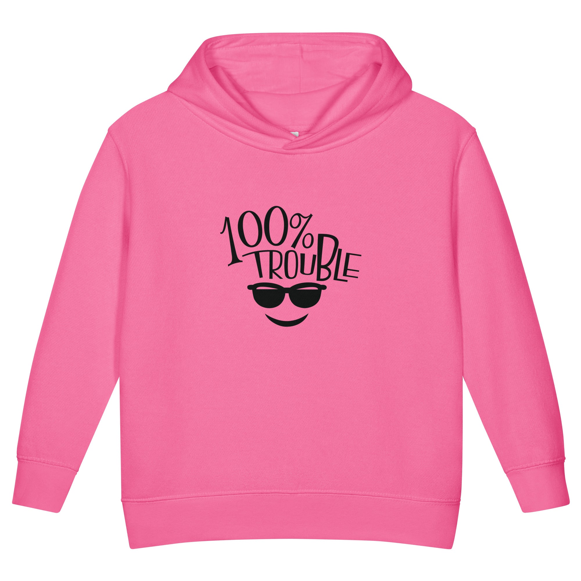 Pink hoodie with '100% Trouble' text and sunglasses graphic on a white background