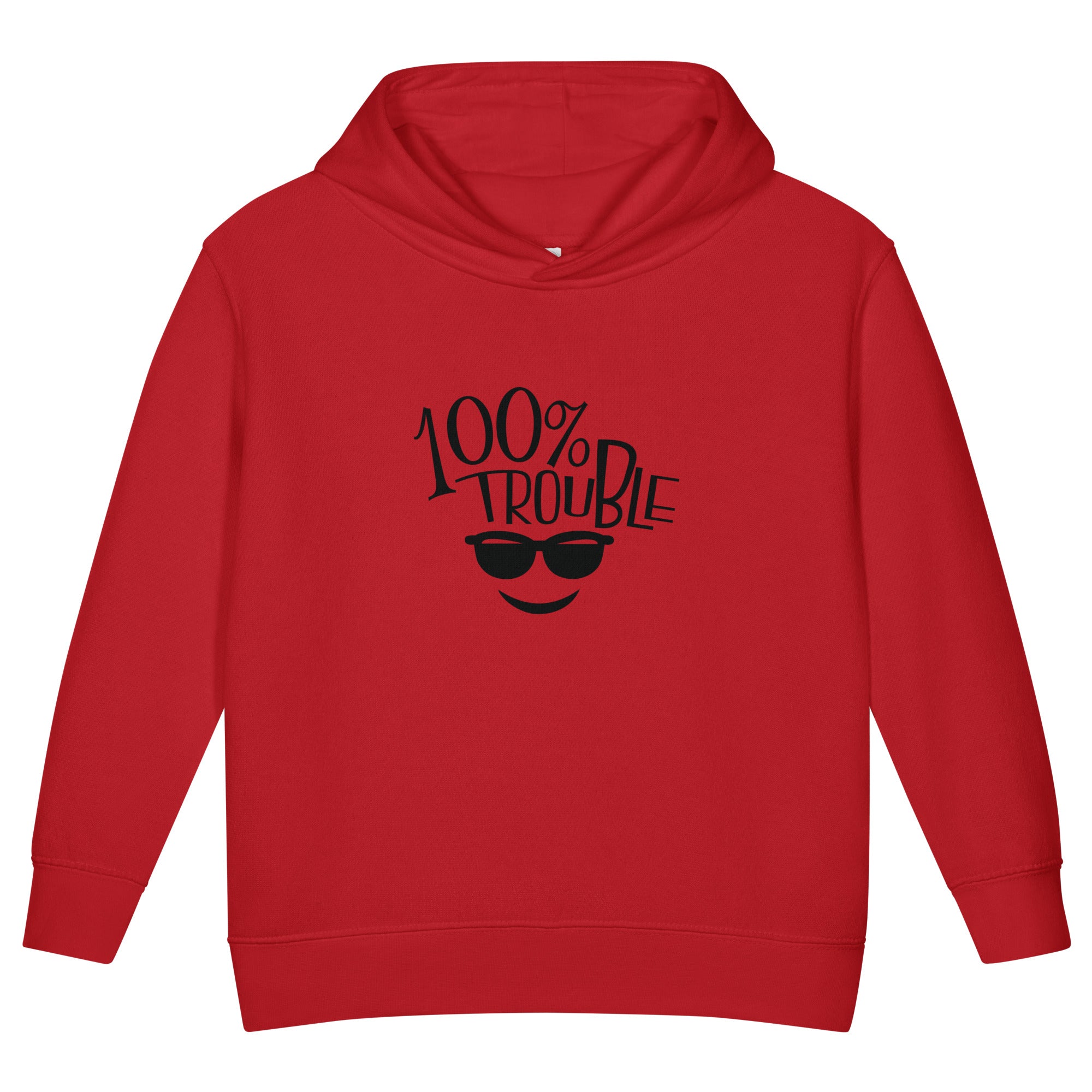 Red hoodie with black text and sunglasses graphic on a white background
