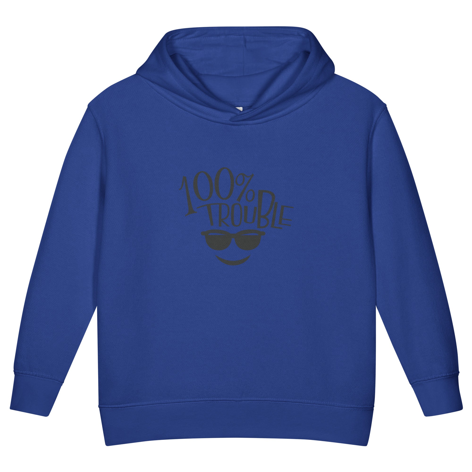 Blue hoodie with '100% Yeehaw' text and sunglasses graphic on a white background