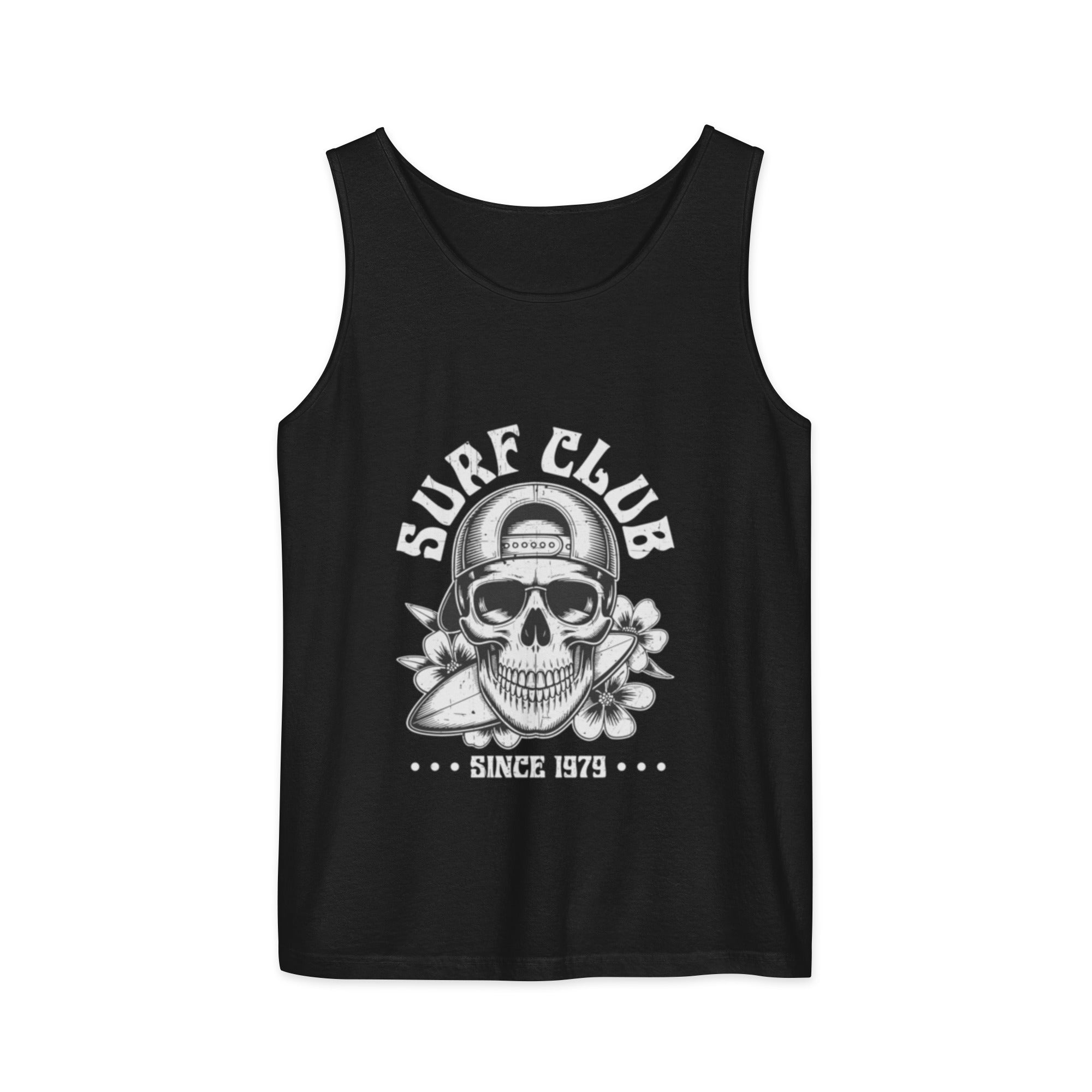 A black sleeveless tank top with a white graphic print of a skull wearing a cap, surrounded by flowers and the text 'SURF CLUB' and 'SINCE 1979', shown on a plain white background.