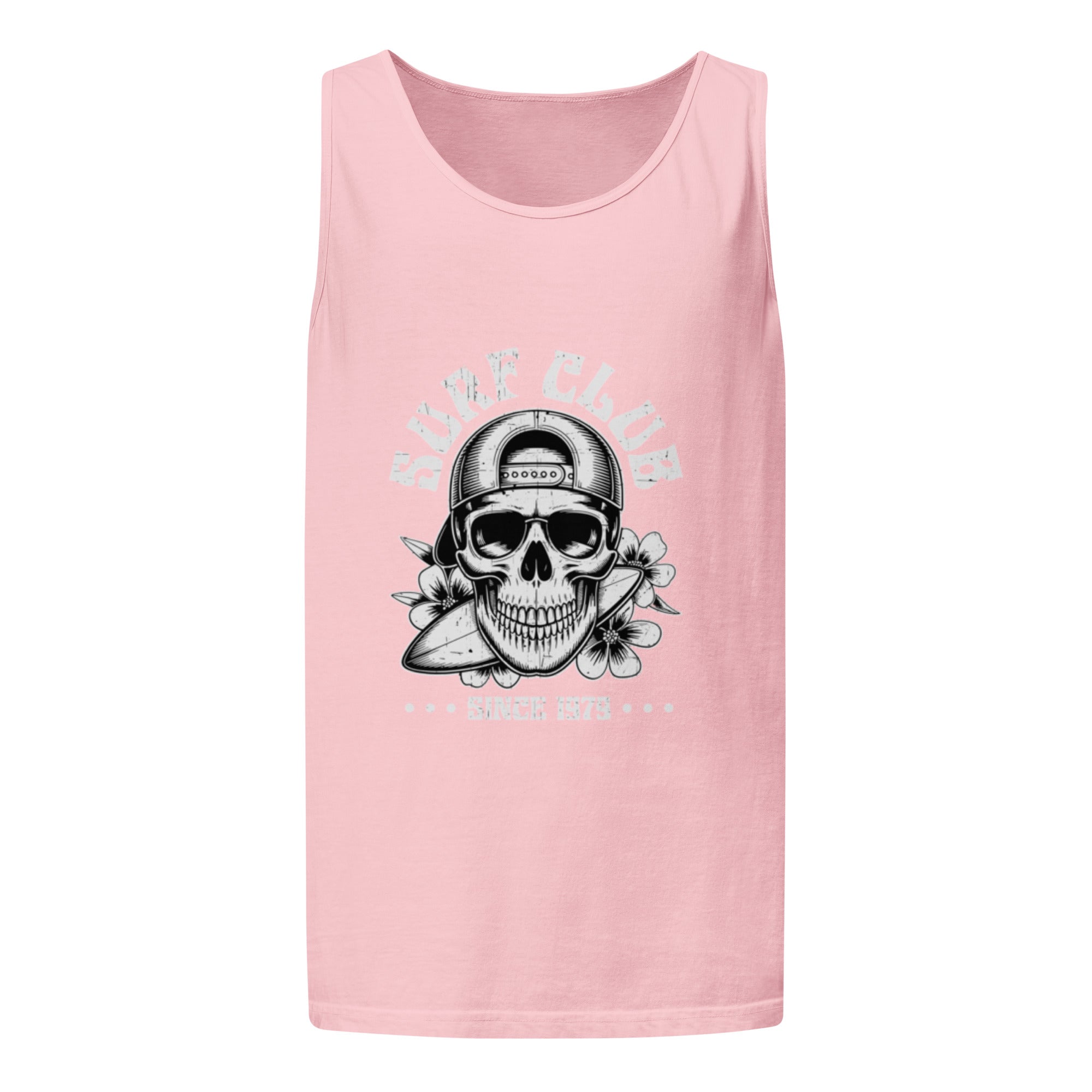 A light pink sleeveless tank top featuring a black and white graphic of a skull wearing a baseball cap and sunglasses, with a surfboard and flowers, and the text 'SURF CLUB'  print