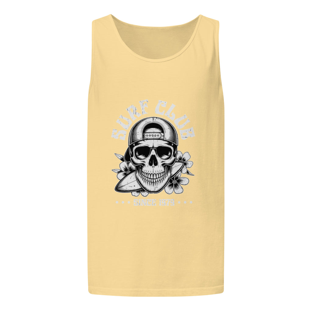 A pale yellow sleeveless tank top with a black and gray graphic of a skull wearing a baseball cap and holding a surfboard, with the words 'SURF CLUB' printed around it, shown on a plain white background.