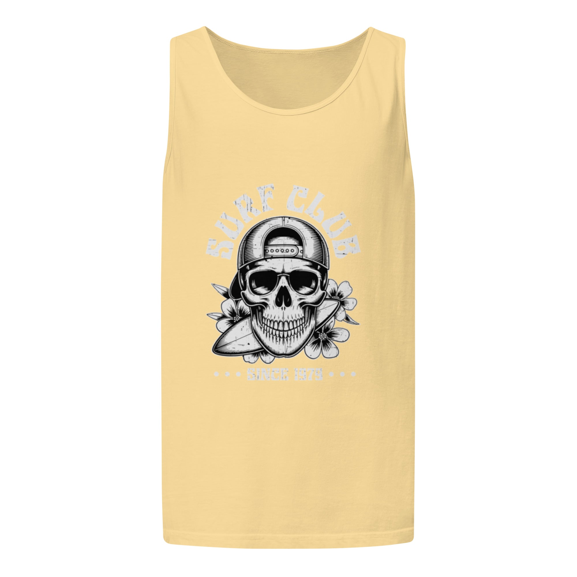 A pale yellow sleeveless tank top with a black and gray graphic of a skull wearing a baseball cap and holding a surfboard, with the words 'SURF CLUB' printed around it, shown on a plain white background.