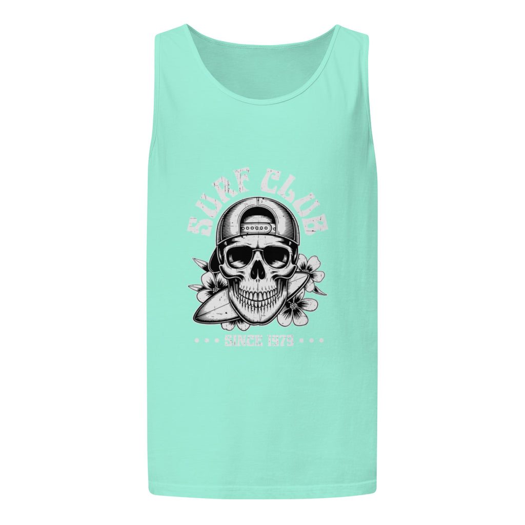 A mint green sleeveless tank top featuring a black and white graphic of a skull wearing a baseball cap and sunglasses, holding a surfboard, with the words 'SURF CLUB' printed around it.