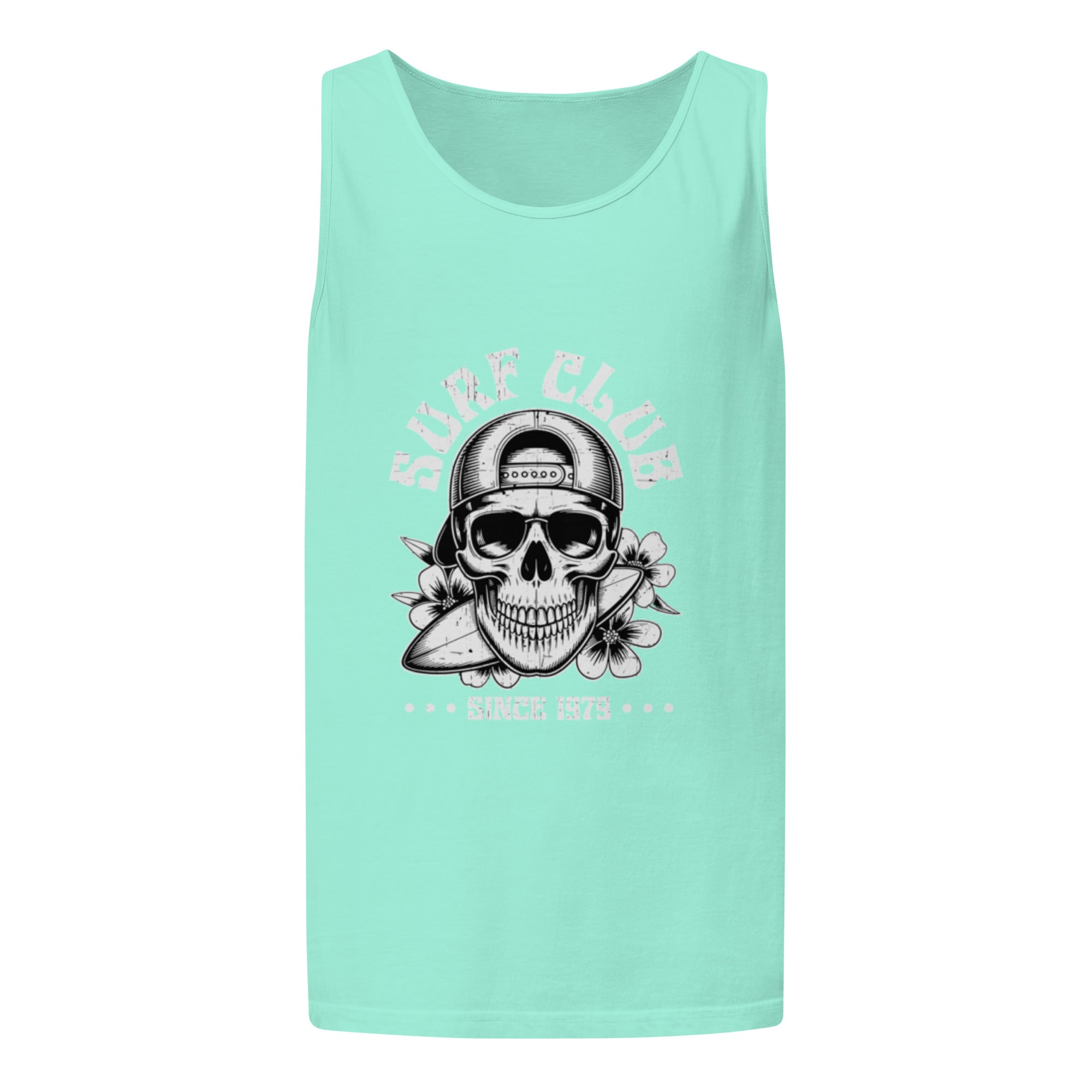 A mint green sleeveless tank top featuring a black and white graphic of a skull wearing a baseball cap and sunglasses, holding a surfboard, with the words 'SURF CLUB' printed around it.