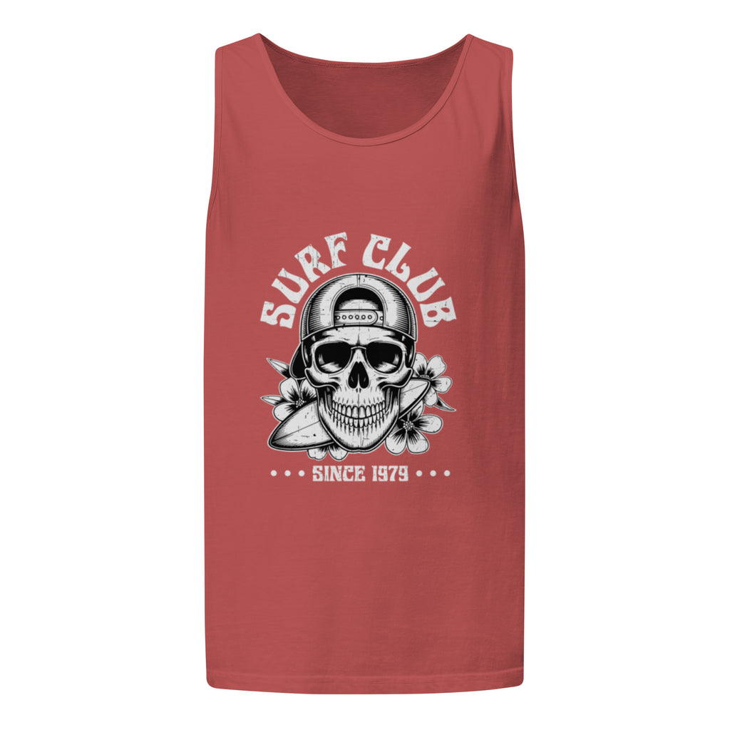 A sleeveless tank top in a muted brick red color, featuring a black and white graphic print of a skull wearing a baseball cap, with the text 'SURF CLUB' and 'SINCE 1979' on a plain white background.