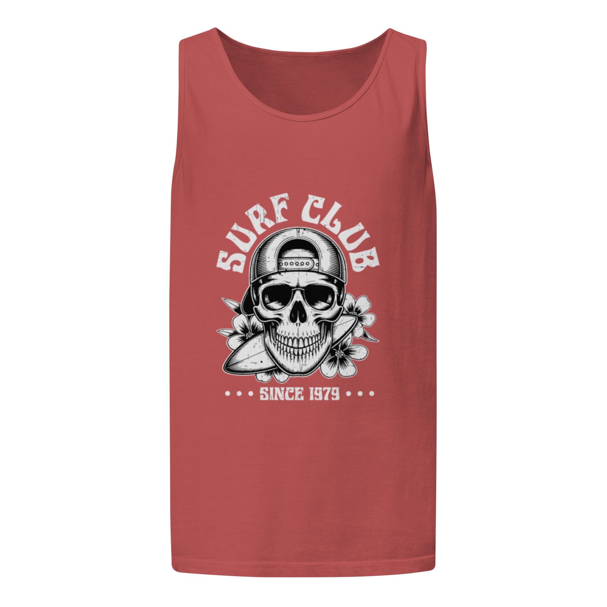 A sleeveless tank top in a muted brick red color, featuring a black and white graphic print of a skull wearing a baseball cap, with the text 'SURF CLUB' and 'SINCE 1979' on a plain white background.