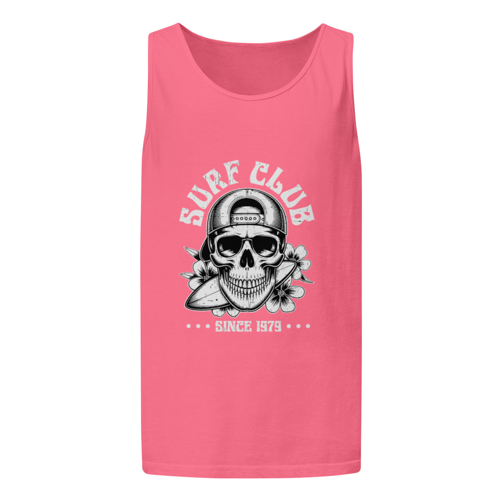 A pink sleeveless tank top with a black and white graphic on the front featuring a skull wearing a baseball cap, a surfboard, flowers, and the text 'SURF CLUB' and 'SINCE 1979'.