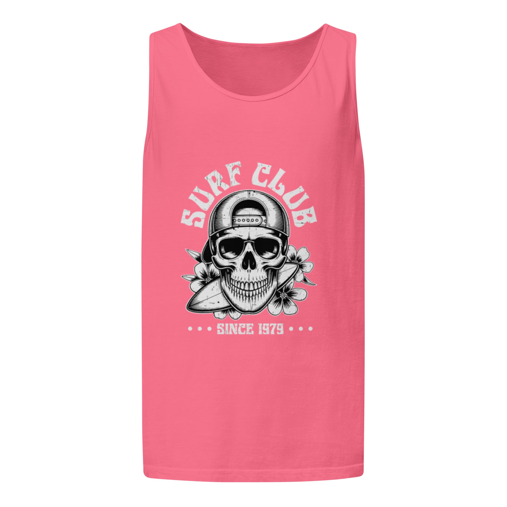A pink sleeveless tank top with a black and white graphic on the front featuring a skull wearing a baseball cap, a surfboard, flowers, and the text 'SURF CLUB' and 'SINCE 1979'.