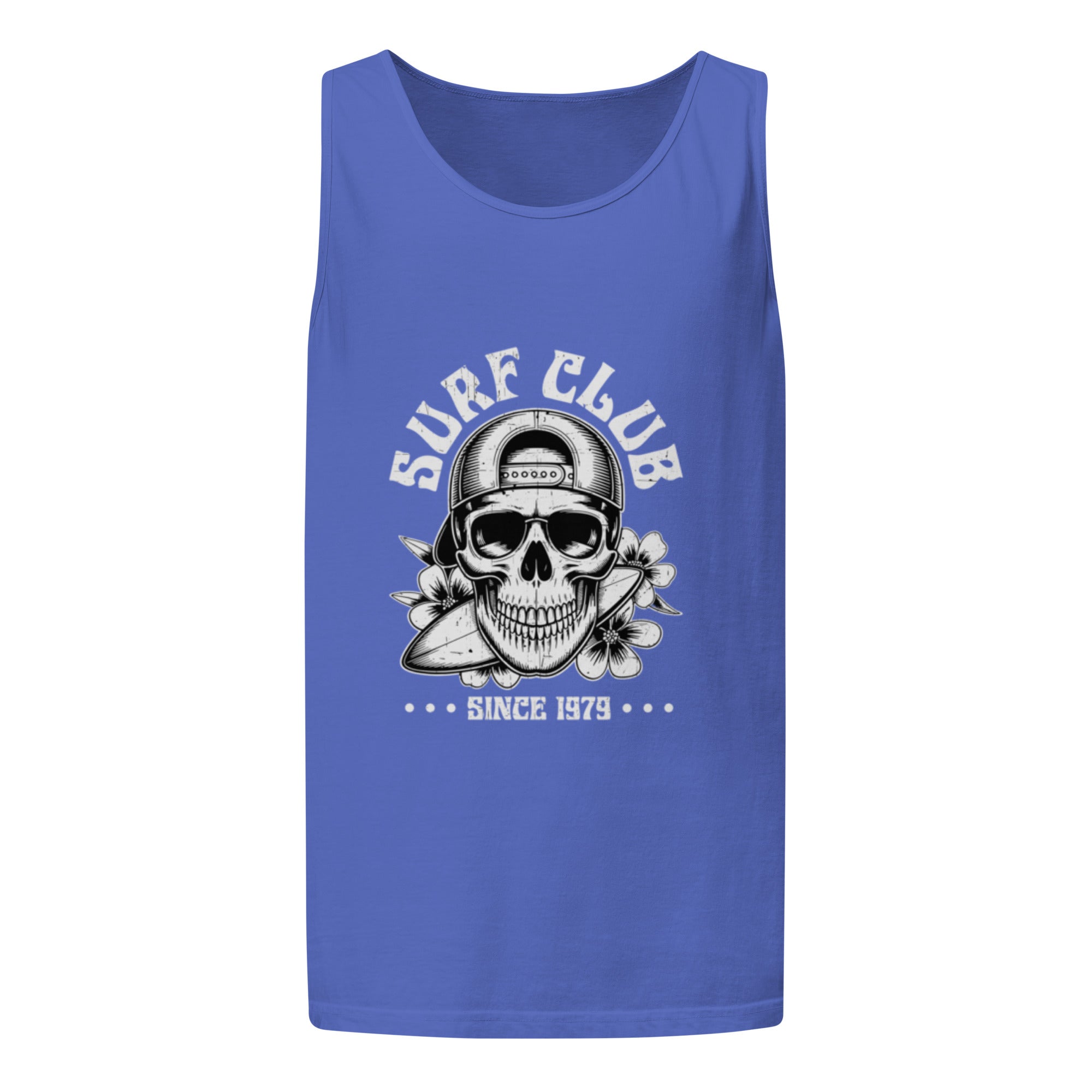 A sleeveless tank top in a medium periwinkle blue color, featuring a white and black graphic print of a skull wearing a baseball cap and sunglasses, with the text 'SURF CLUB' and 'SINCE 1979' on a plain white background.