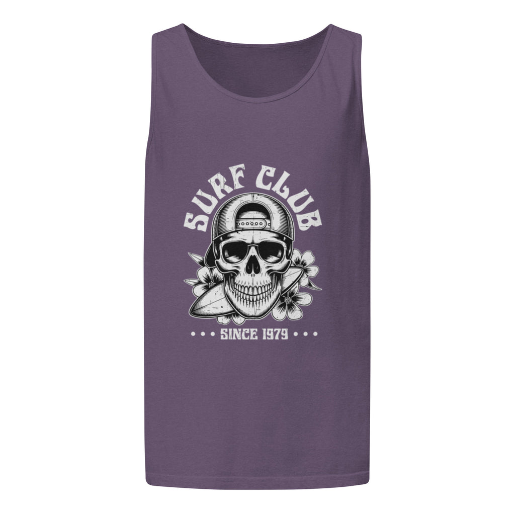 A sleeveless tank top in a muted purple color, featuring a white graphic print of a skull wearing a baseball cap and sunglasses with the words 'SURF CLUB' and 'SINCE 1979' on a plain white background.