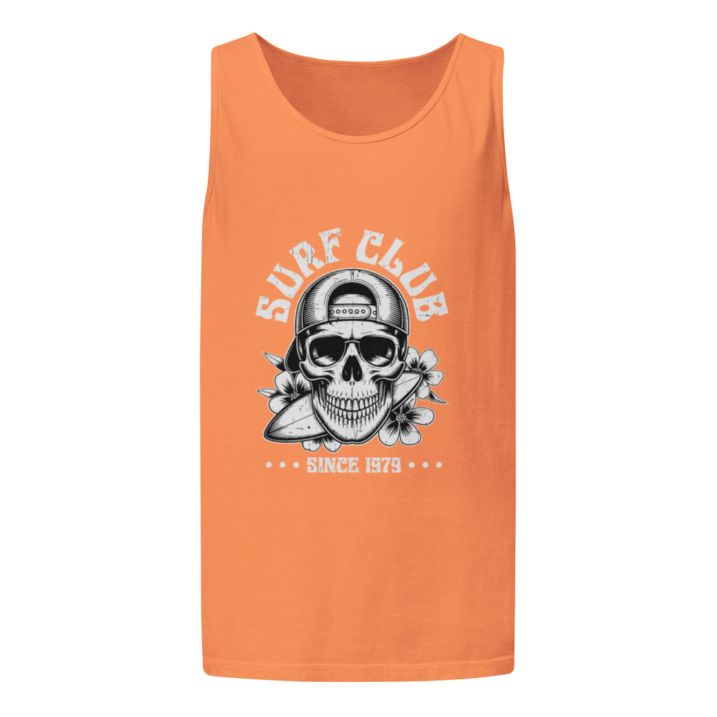 An orange sleeveless tank top featuring a black and white graphic of a skull wearing a surf hat, with the text 'SURF CLUB' and 'SINCE 1979' printed on the front, displayed against a solid white background.