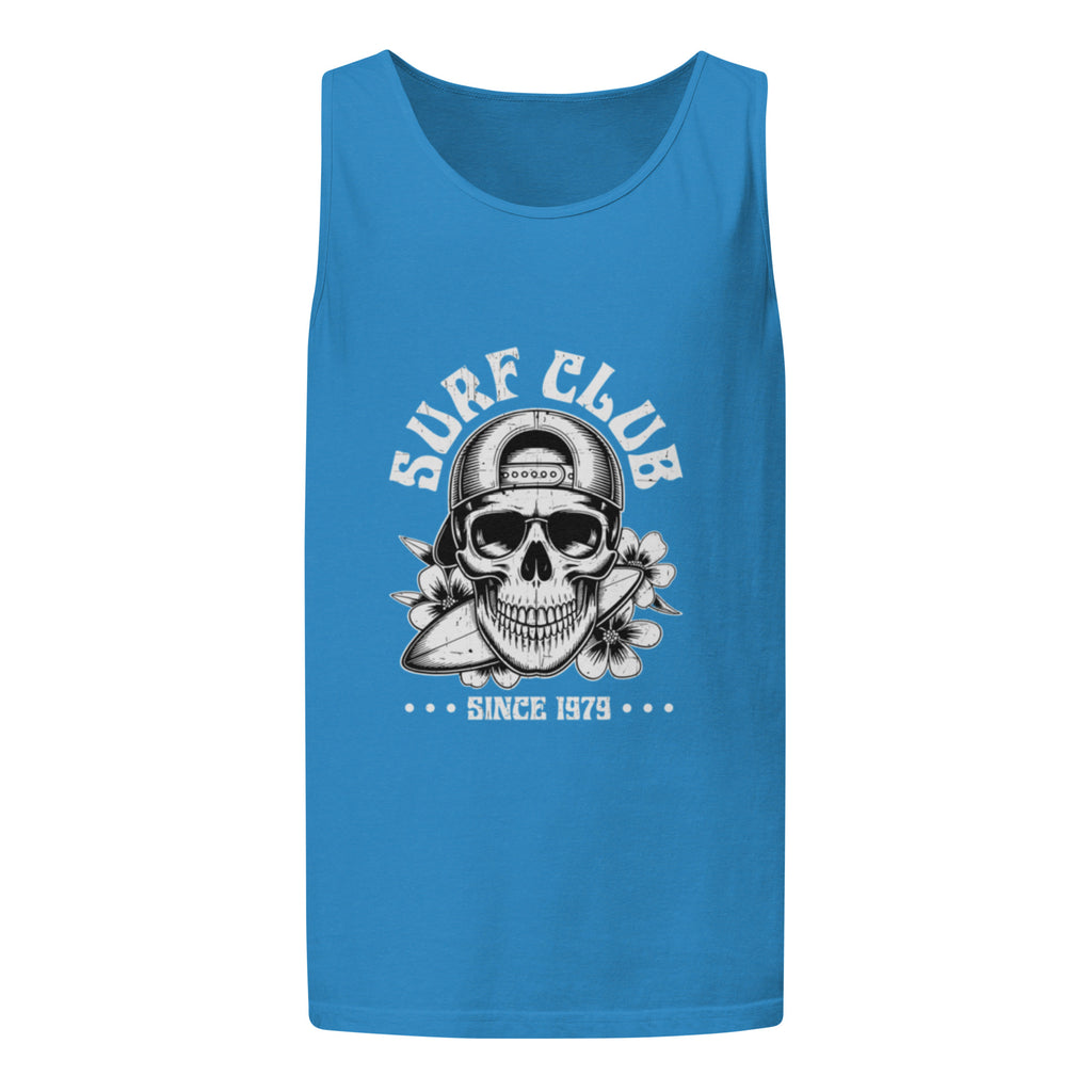 A bright blue sleeveless tank top with a vintage-style graphic on the front featuring a skull wearing a baseball cap, a surfboard, flowers, and the text 'SURF CLUB' and 'SINCE 1979'.