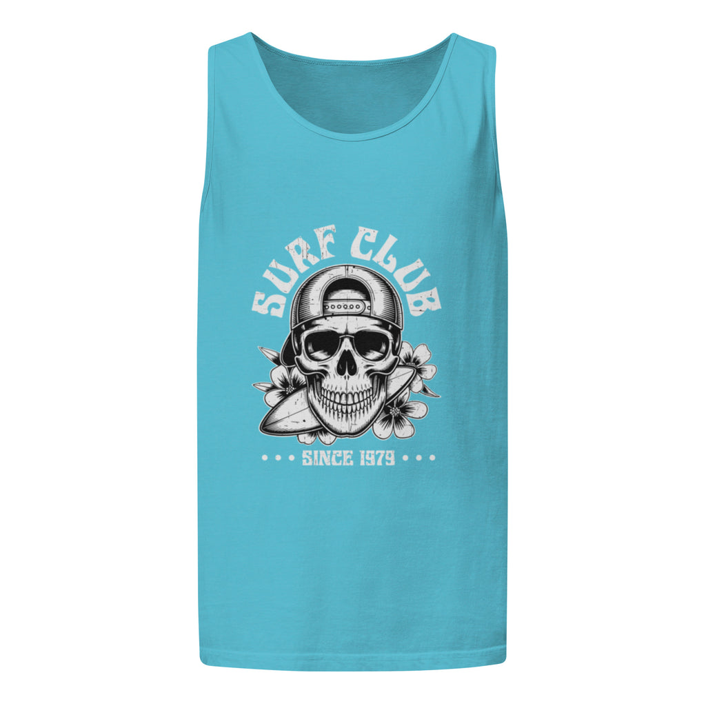 A turquoise sleeveless tank top with a vintage-style graphic on the front featuring a skull wearing a baseball cap, a surfboard, flowers, and the text 'SURF CLUB' and 'SINCE 1979'.