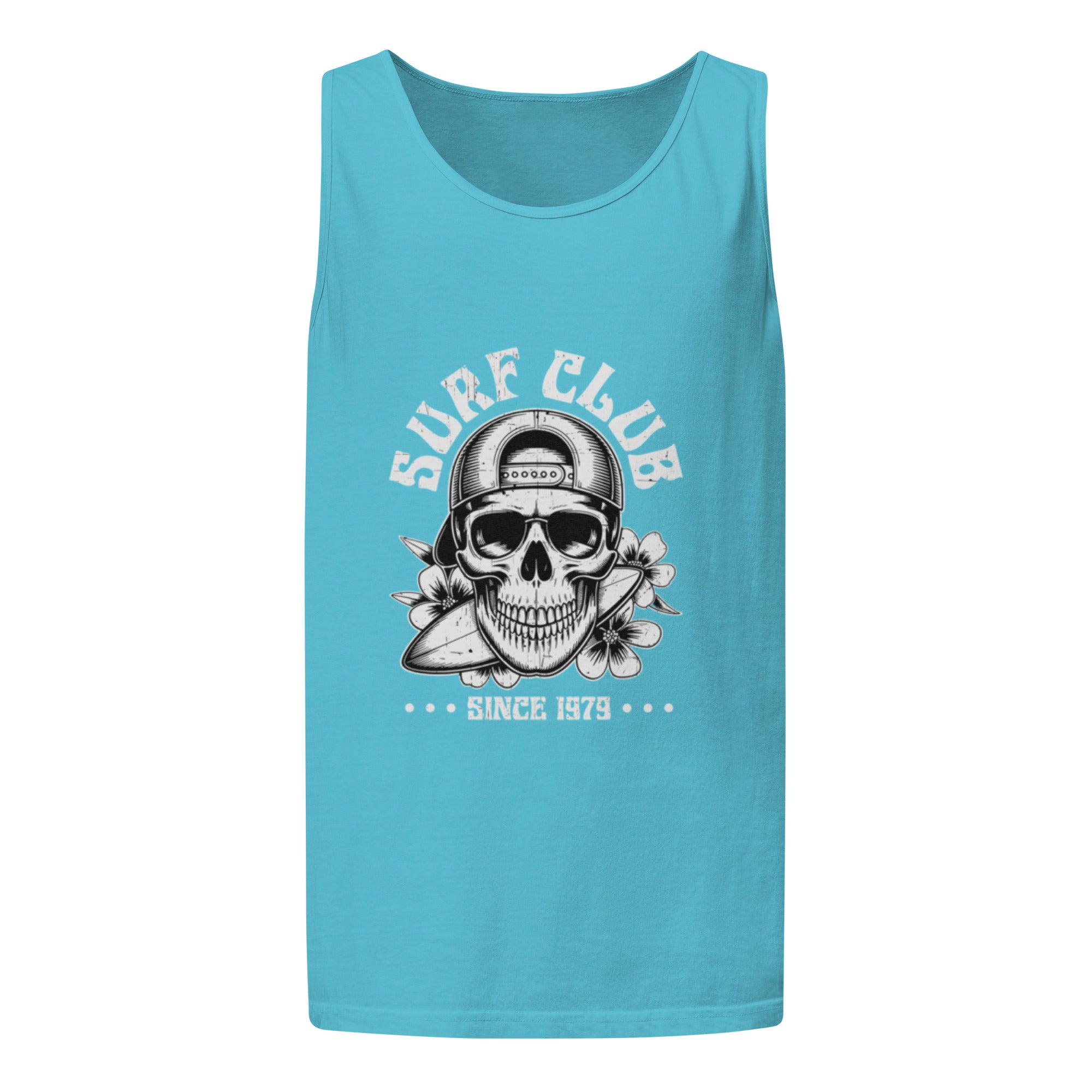 A turquoise sleeveless tank top with a vintage-style graphic on the front featuring a skull wearing a baseball cap, a surfboard, flowers, and the text 'SURF CLUB' and 'SINCE 1979'.
