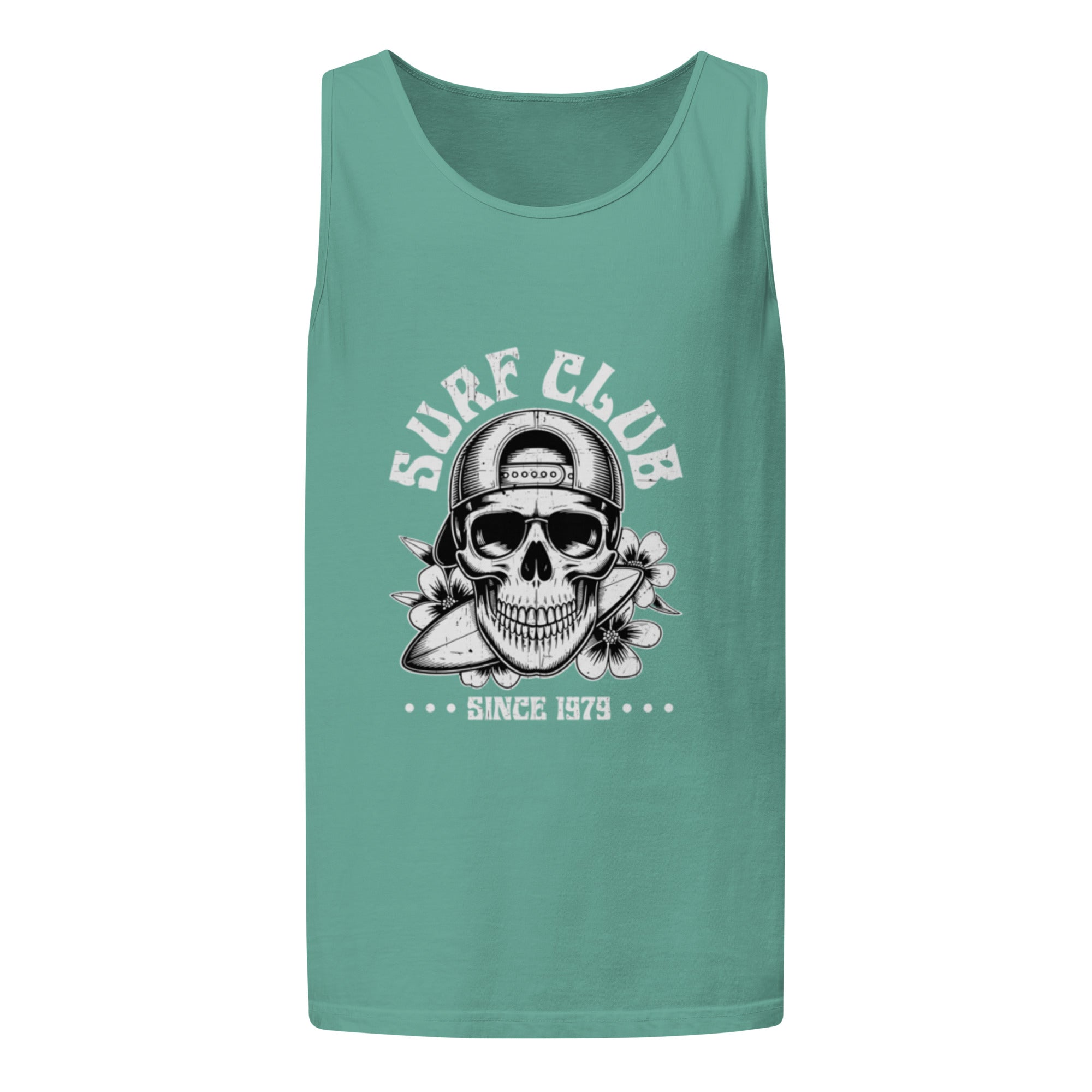 A sleeveless tank top in a muted teal-green color, featuring a black and white graphic print of a skull wearing a baseball cap, with the text 'SURF CLUB' and 'SINCE 1979' on a plain white background.