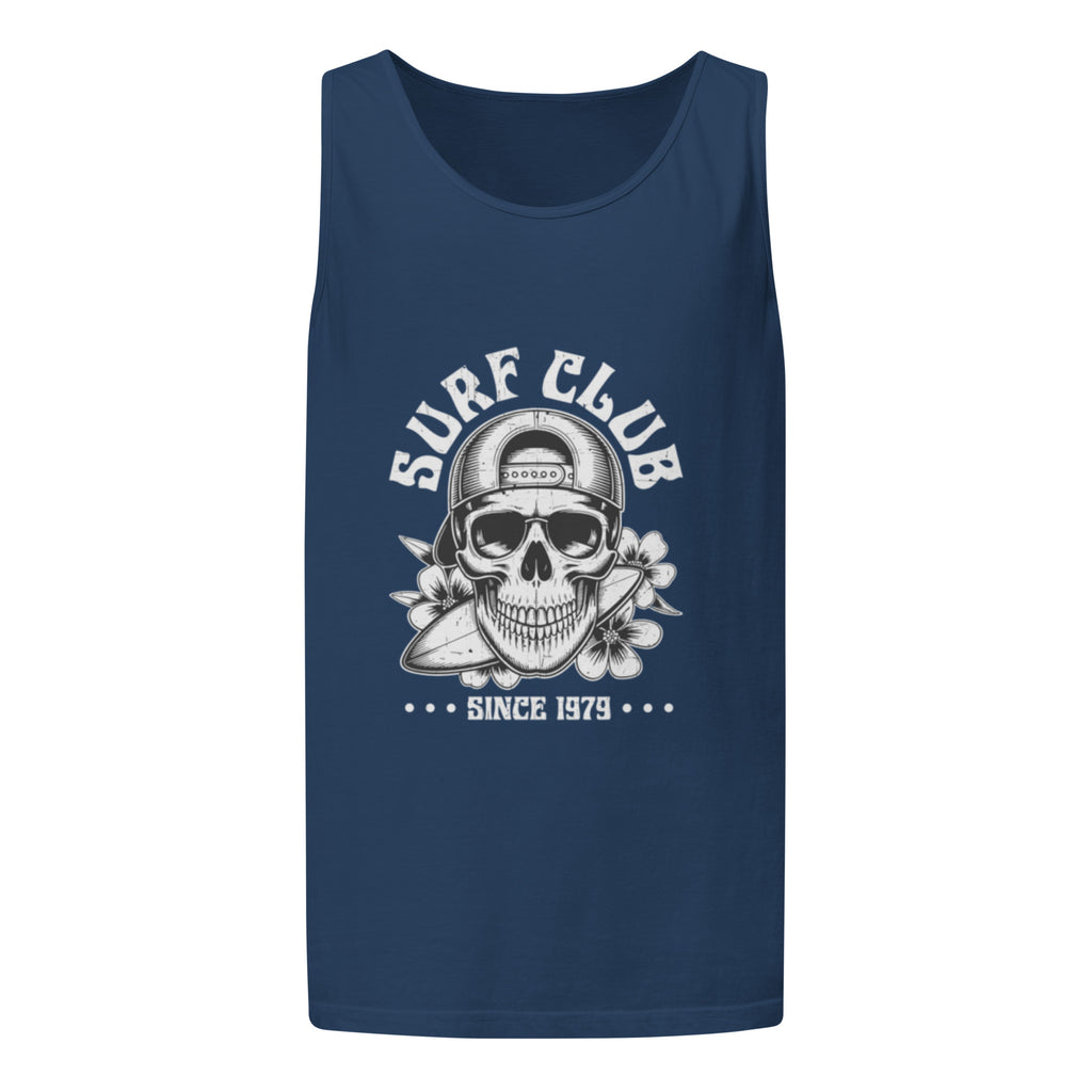 A navy blue sleeveless tank top featuring a white graphic print of a skull wearing a baseball cap, sunglasses, and a surfboard, with the text 'SURF CLUB' and 'SINCE 1979'.