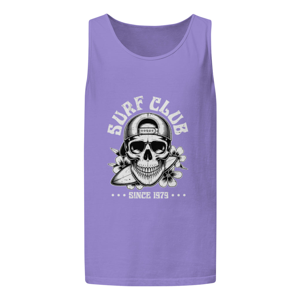 A purple sleeveless tank top with a black and white graphic of a skull wearing a surf hat, sunglasses, and a surfboard, with the text 'SURF CLUB' and 'SINCE 1979' printed on the front.