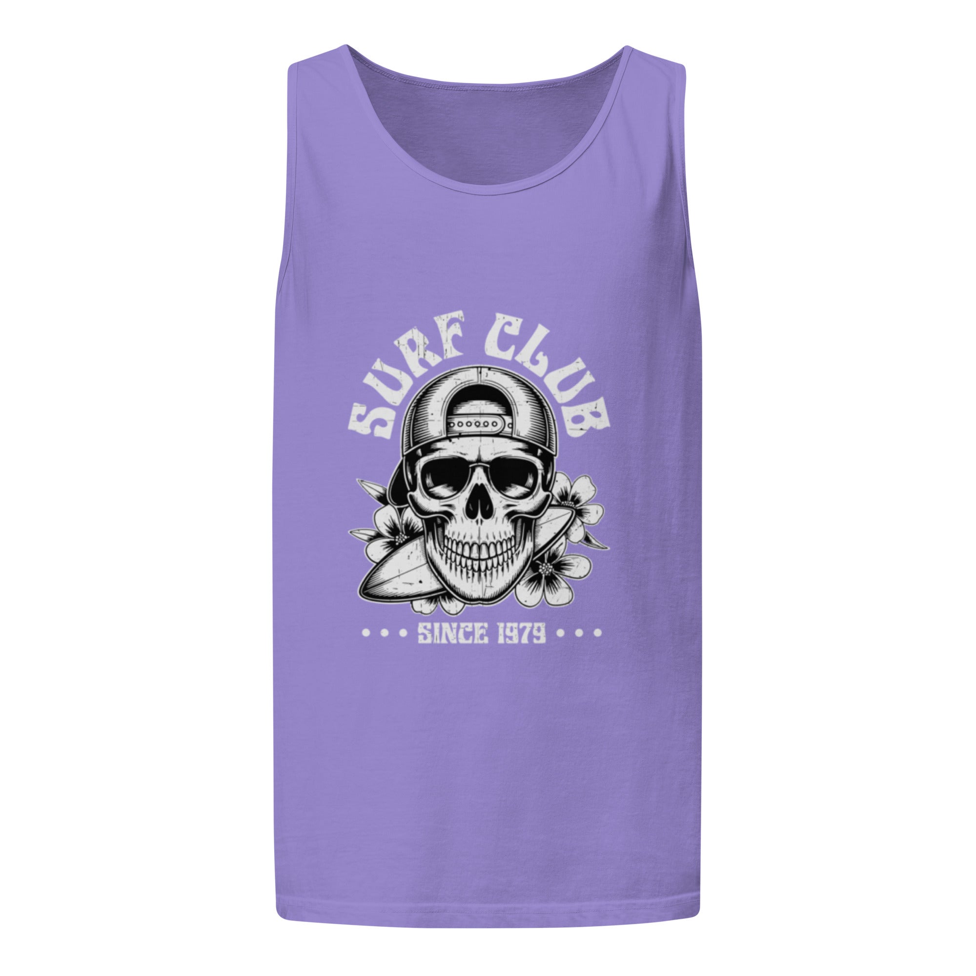 A purple sleeveless tank top with a black and white graphic of a skull wearing a surf hat, sunglasses, and a surfboard, with the text 'SURF CLUB' and 'SINCE 1979' printed on the front.