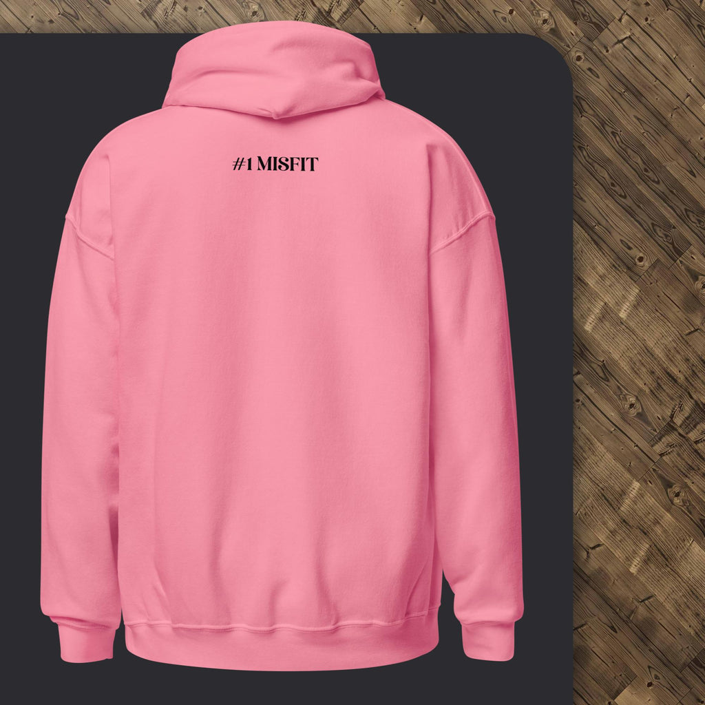 Pink hoodie with '#IMISFT' text on the back, displayed against a dark surface.