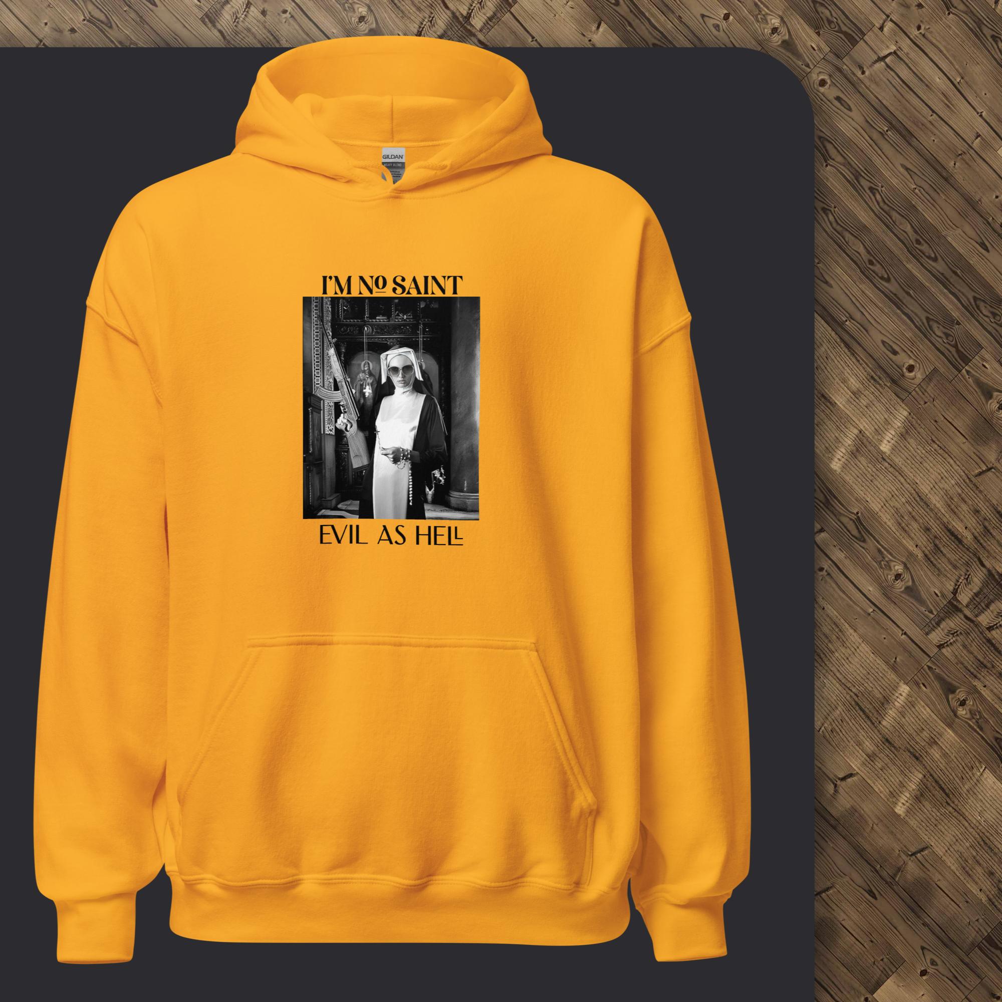 Yellow hoodie with graphic design on a dark background