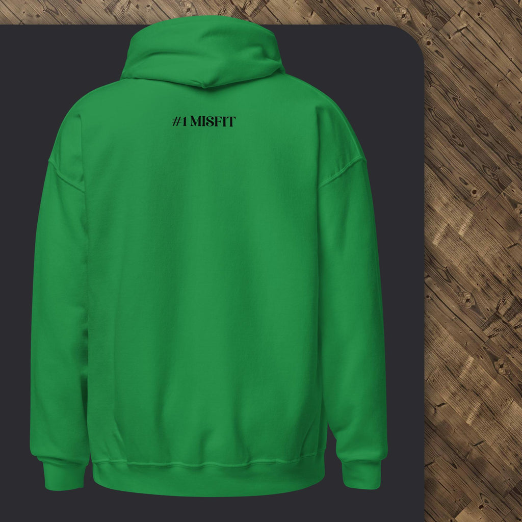 Green hoodie with '#IMISFIT' text on the back, displayed against a dark surface.