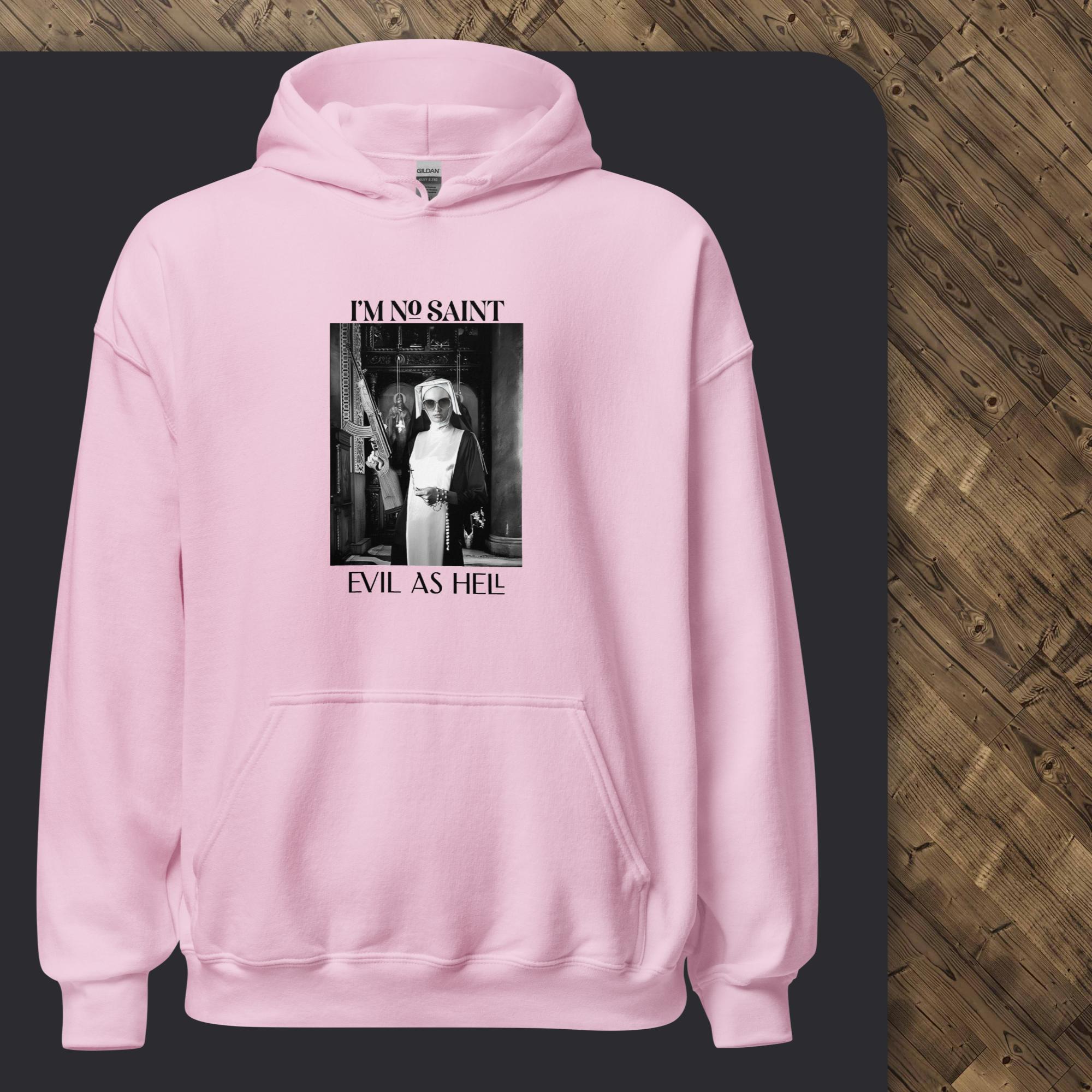 Pink hoodie with graphic design on a black background