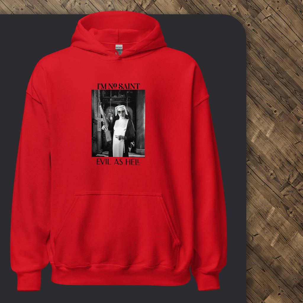 Red hoodie with graphic design on a dark surface