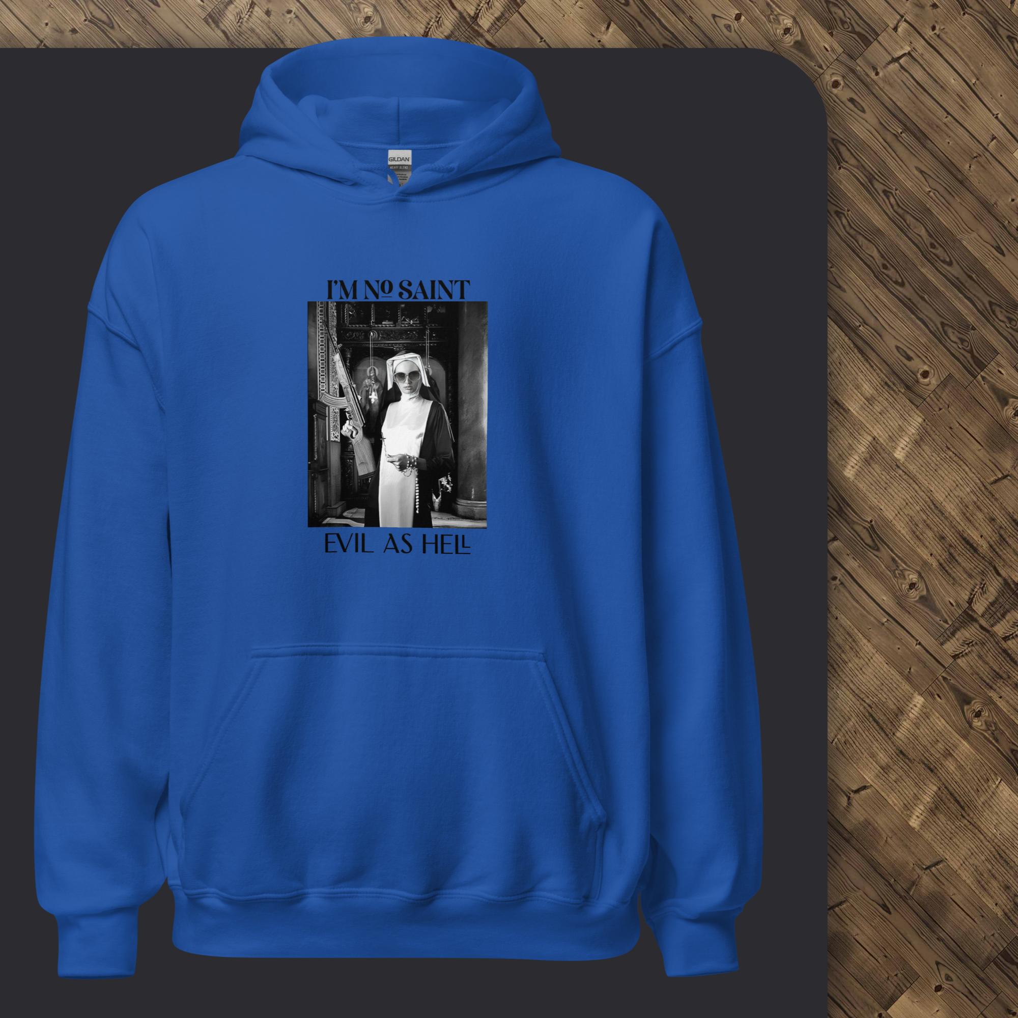Blue hoodie with graphic design on a wooden floor