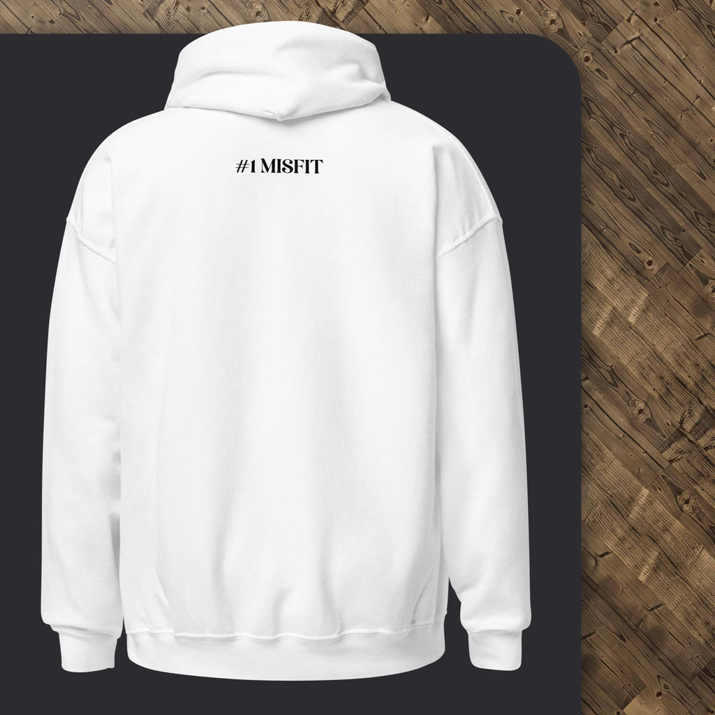 White hoodie with '#I MISFT' text on the back, displayed against a dark surface.