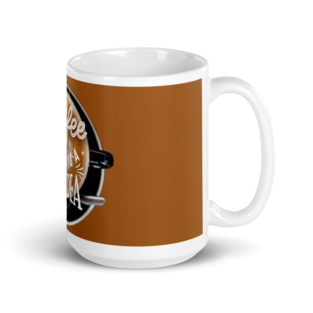 White mug with brown design featuring a coffee cup and text on a white background