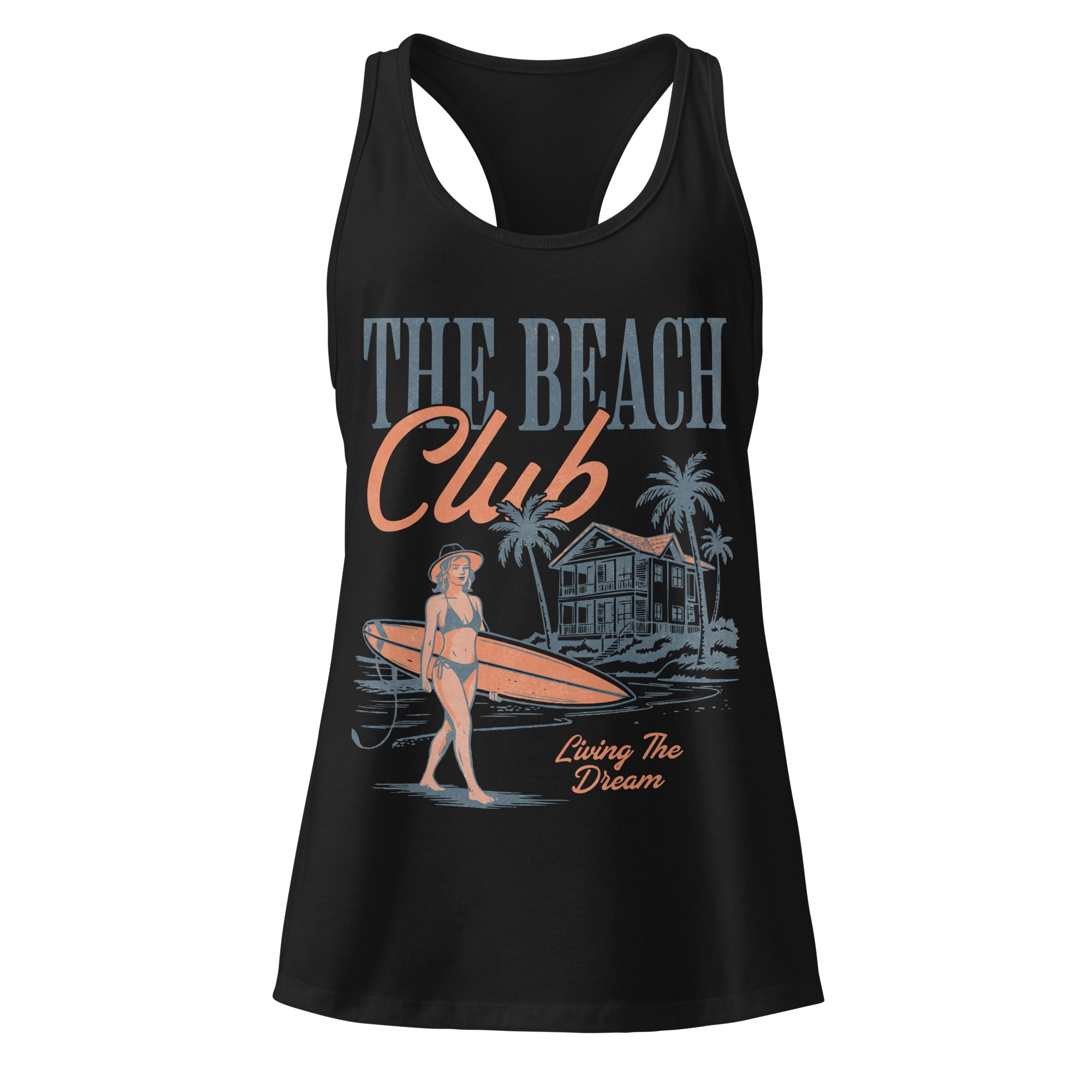 Black tank top with 'The Beach Club' graphic design featuring a woman with a surfboard and palm trees.