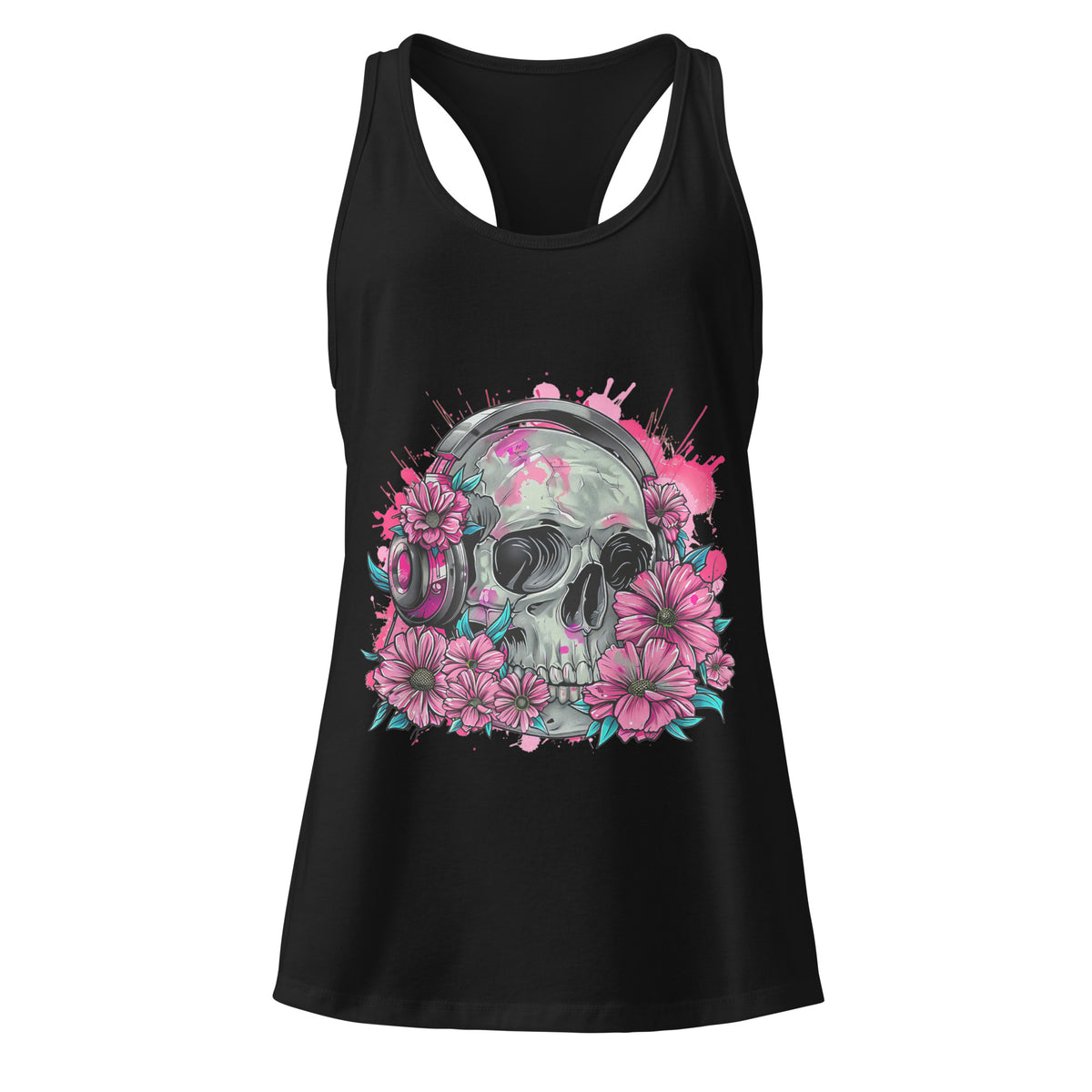 A black racerback tank top featuring a graphic print of a skull wearing pink headphones and surrounded by pink flowers, shown against a plain white background.