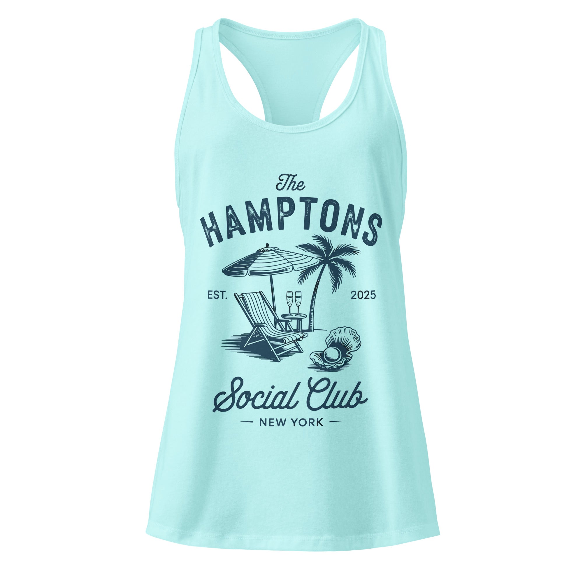 Light blue tank top with 'The Hamptons Social Club' graphic design on a white background