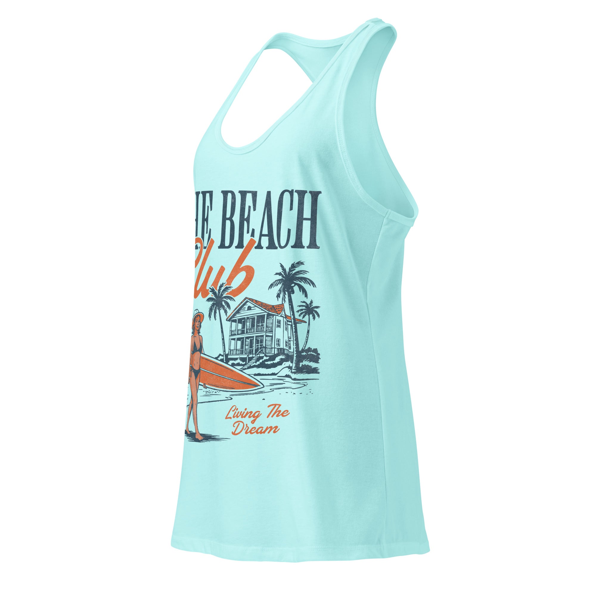 Light blue tank top with beach club graphic on a white background