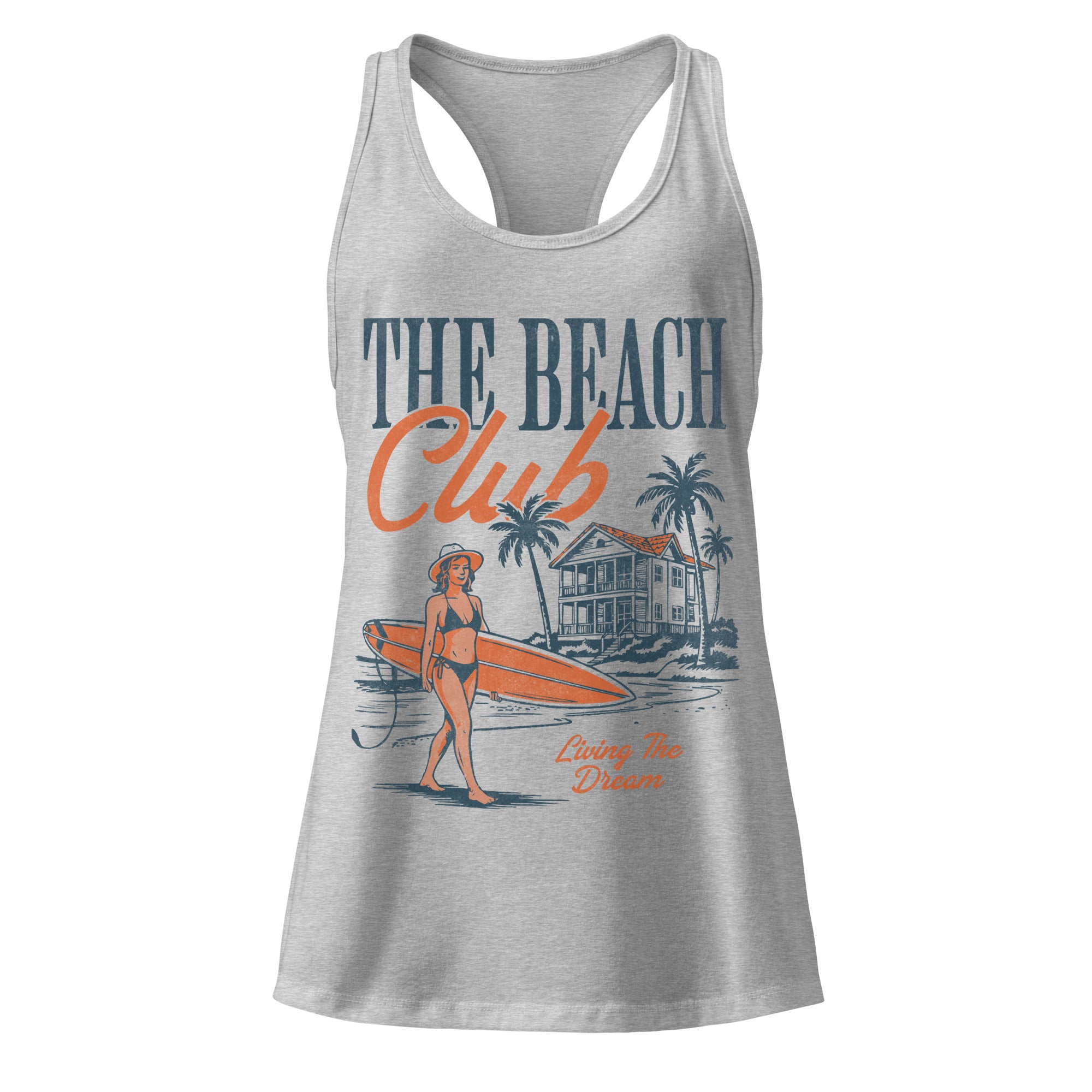 Gray tank top with 'The Beach Club' graphic design featuring a woman with a surfboard and palm trees.