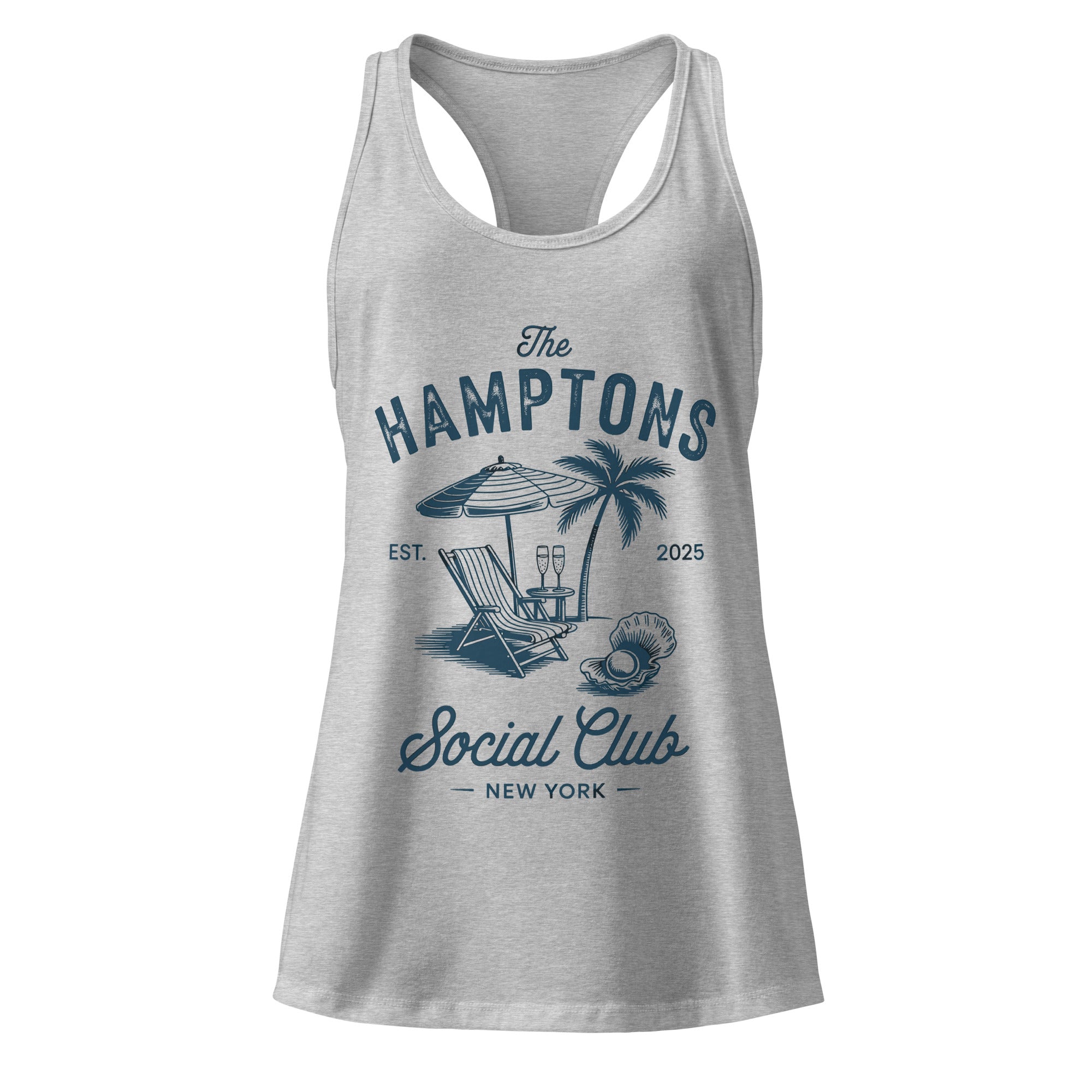 Gray tank top with 'The Hamptons Social Club' graphic design on a white background