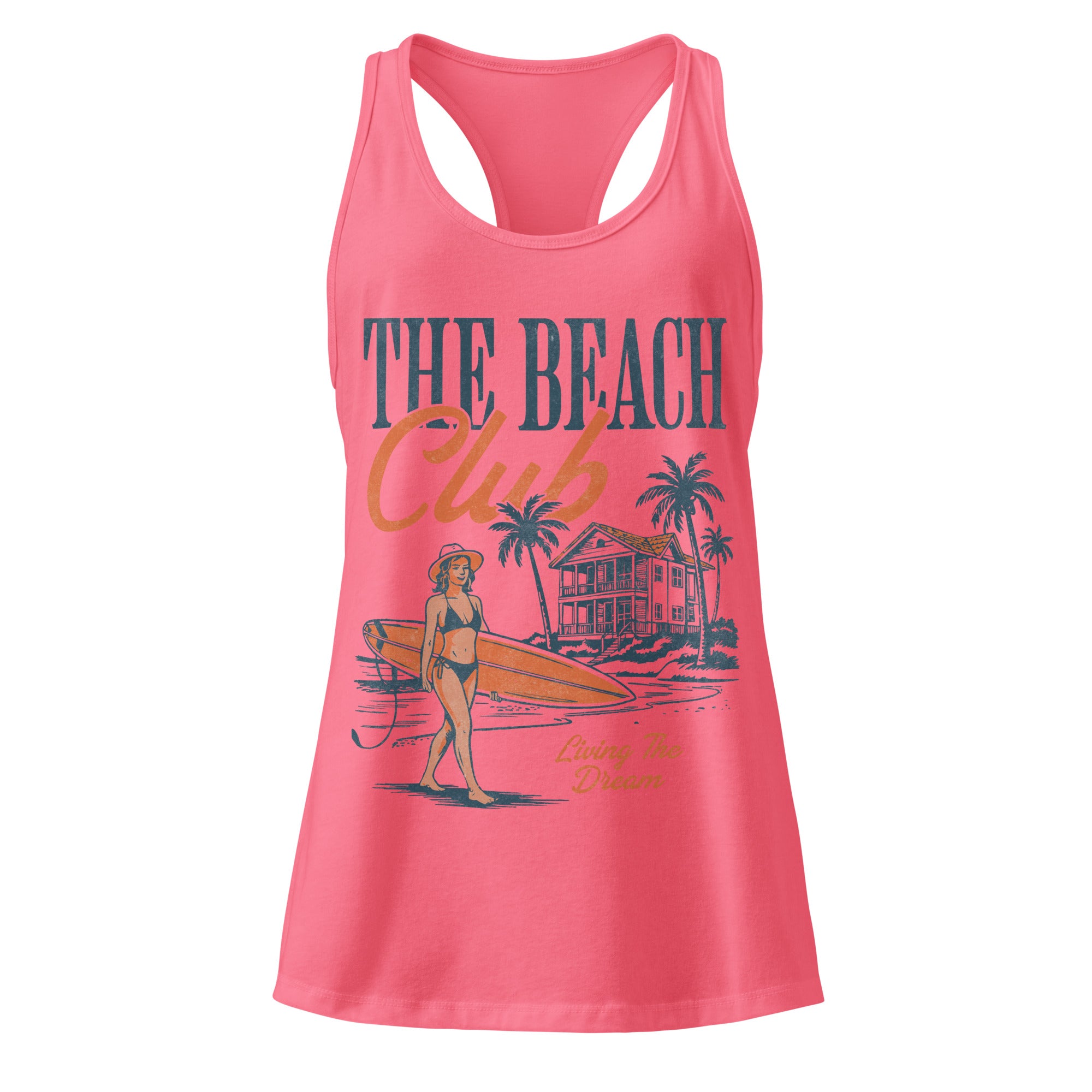 Pink tank top with 'The Beach Club' design featuring a beach scene and text.
