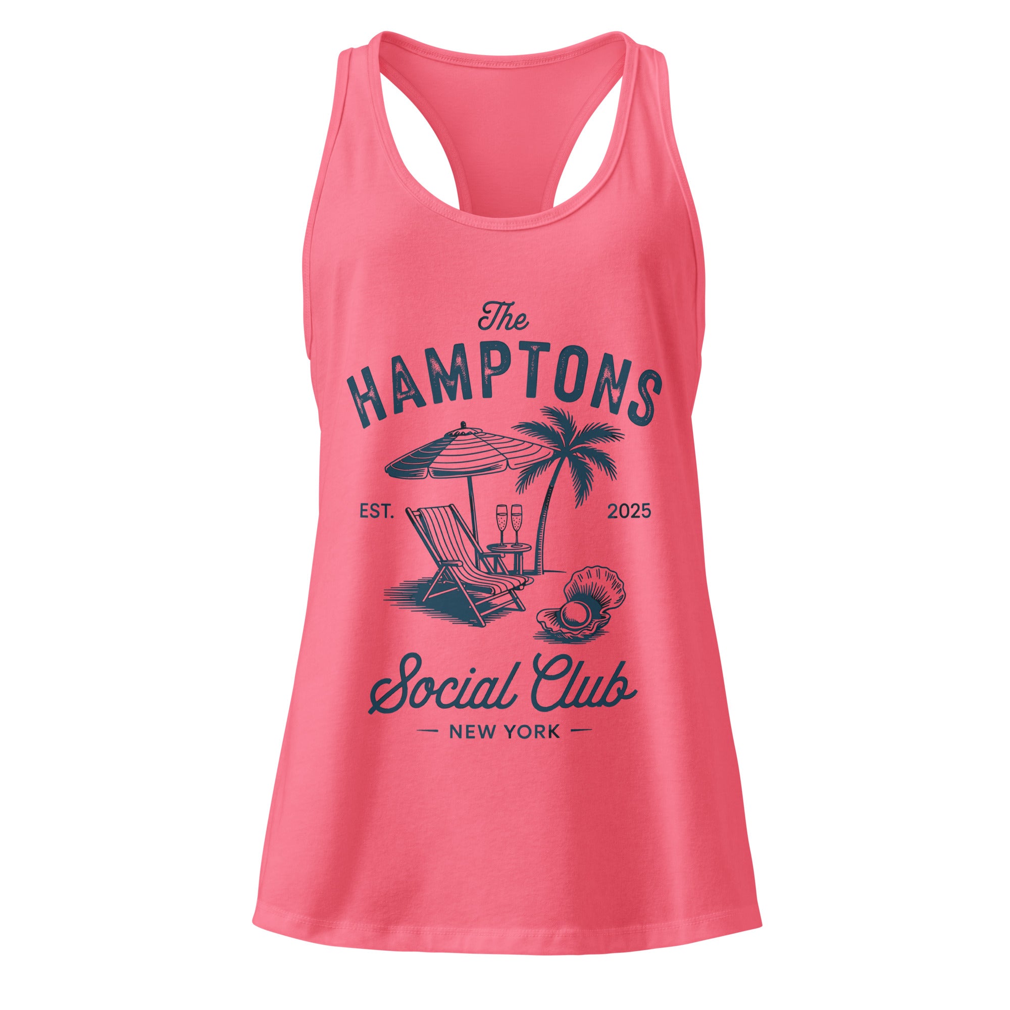 Pink tank top with 'The Hamptons Social Club' graphic design on a white background