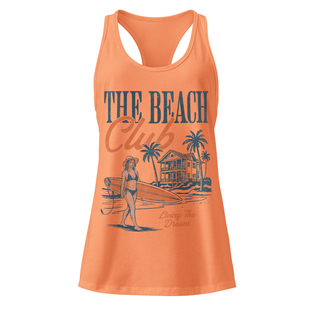 Orange tank top with 'The Beach Club' graphic design on a white background