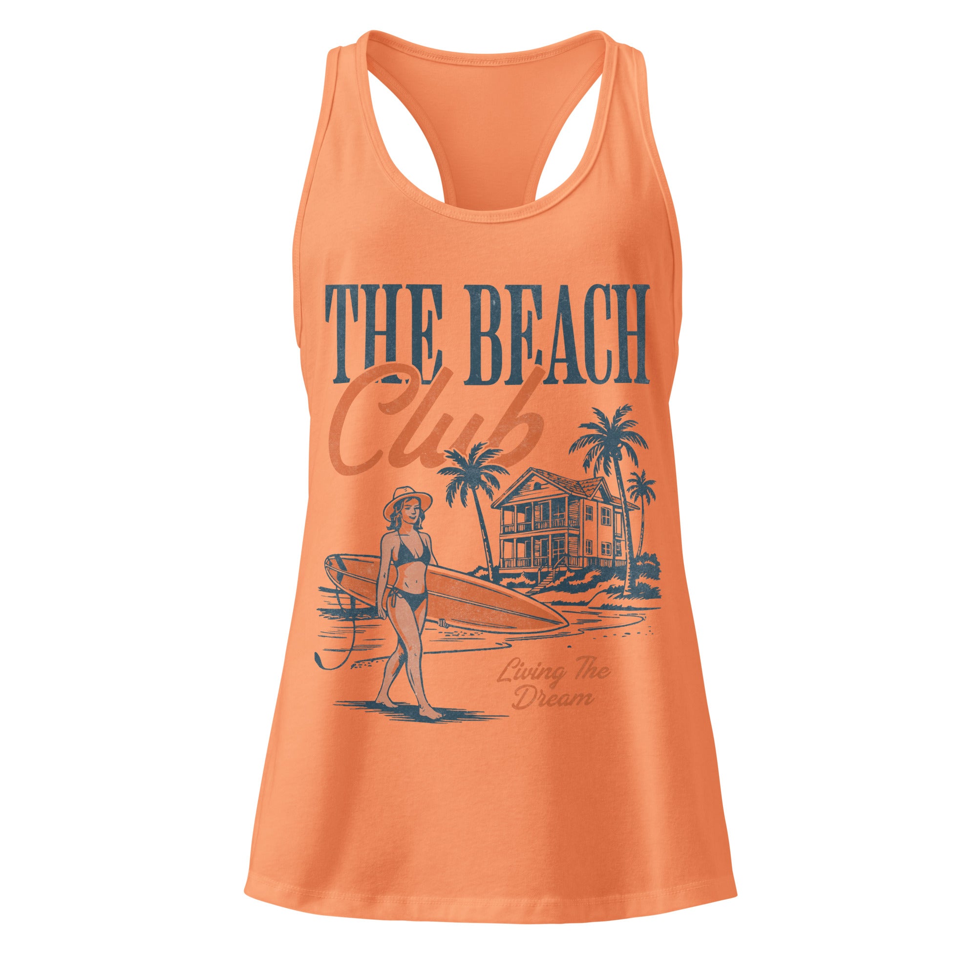 Orange tank top with 'The Beach Club' graphic design on a white background