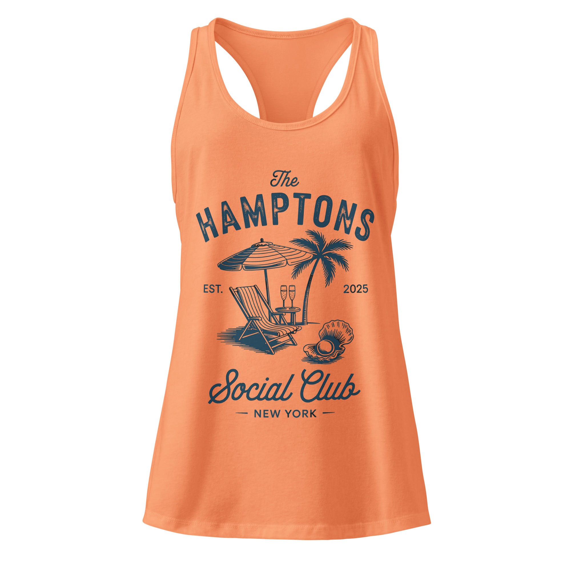 Orange tank top with 'The Hamptons Social Club' graphic design on a white background