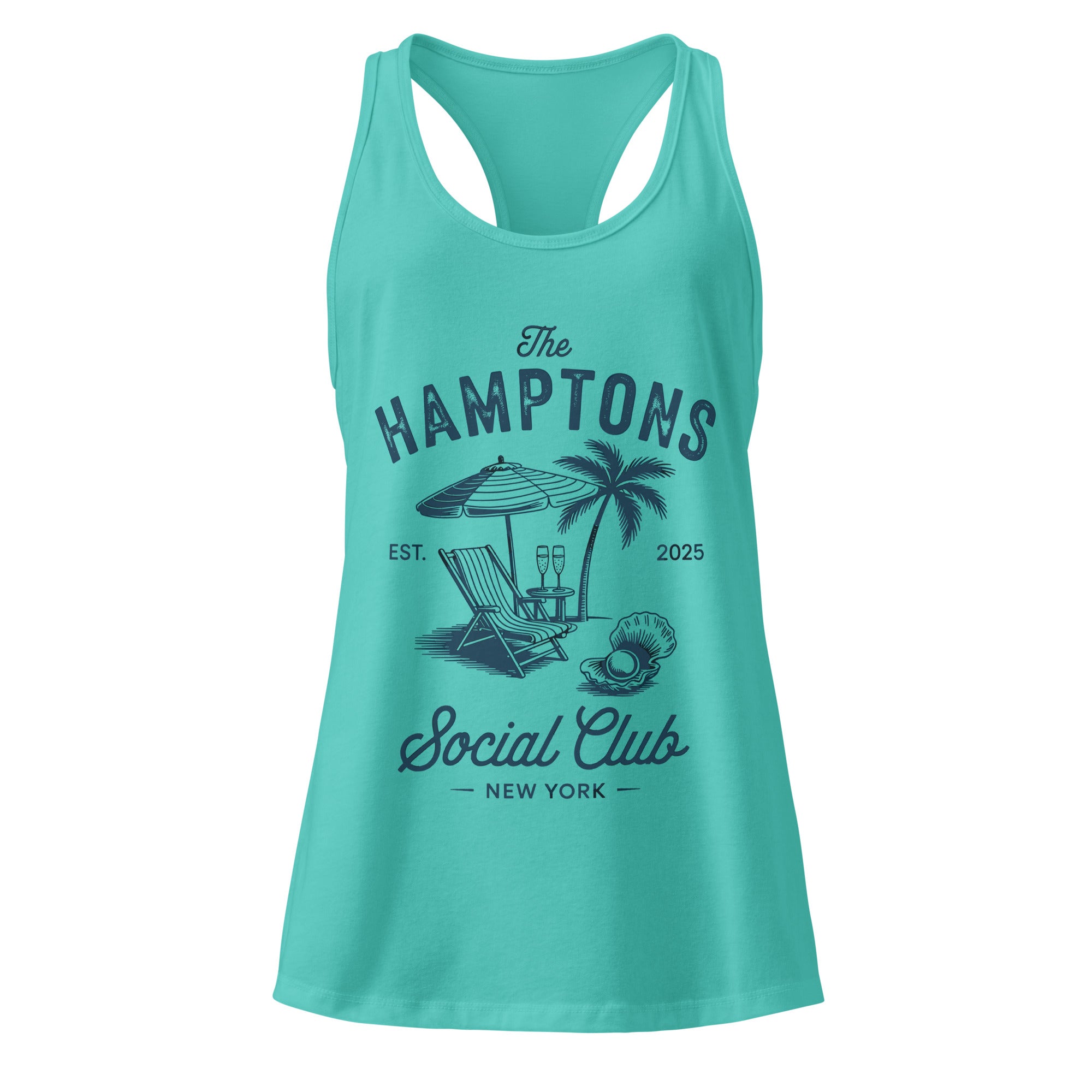 Turquoise tank top with 'The Hamptons Social Club' graphic design on a white background