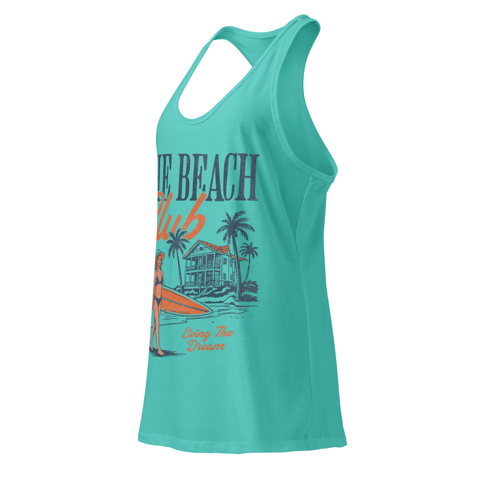 Teal tank top with beach club graphic on a white background
